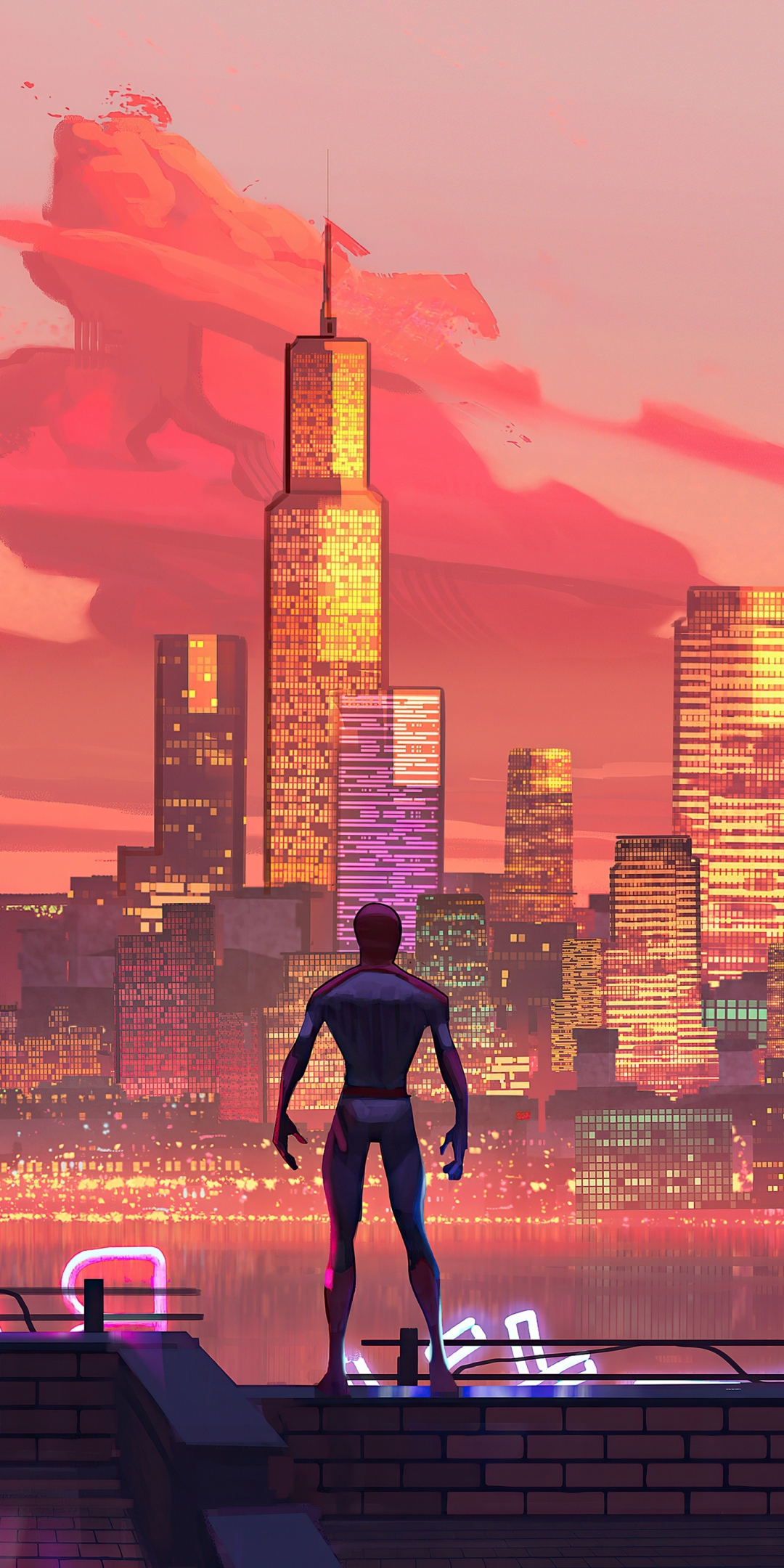 Spiderman, NY cityscape, sunset, 1080x2160 wallpaper