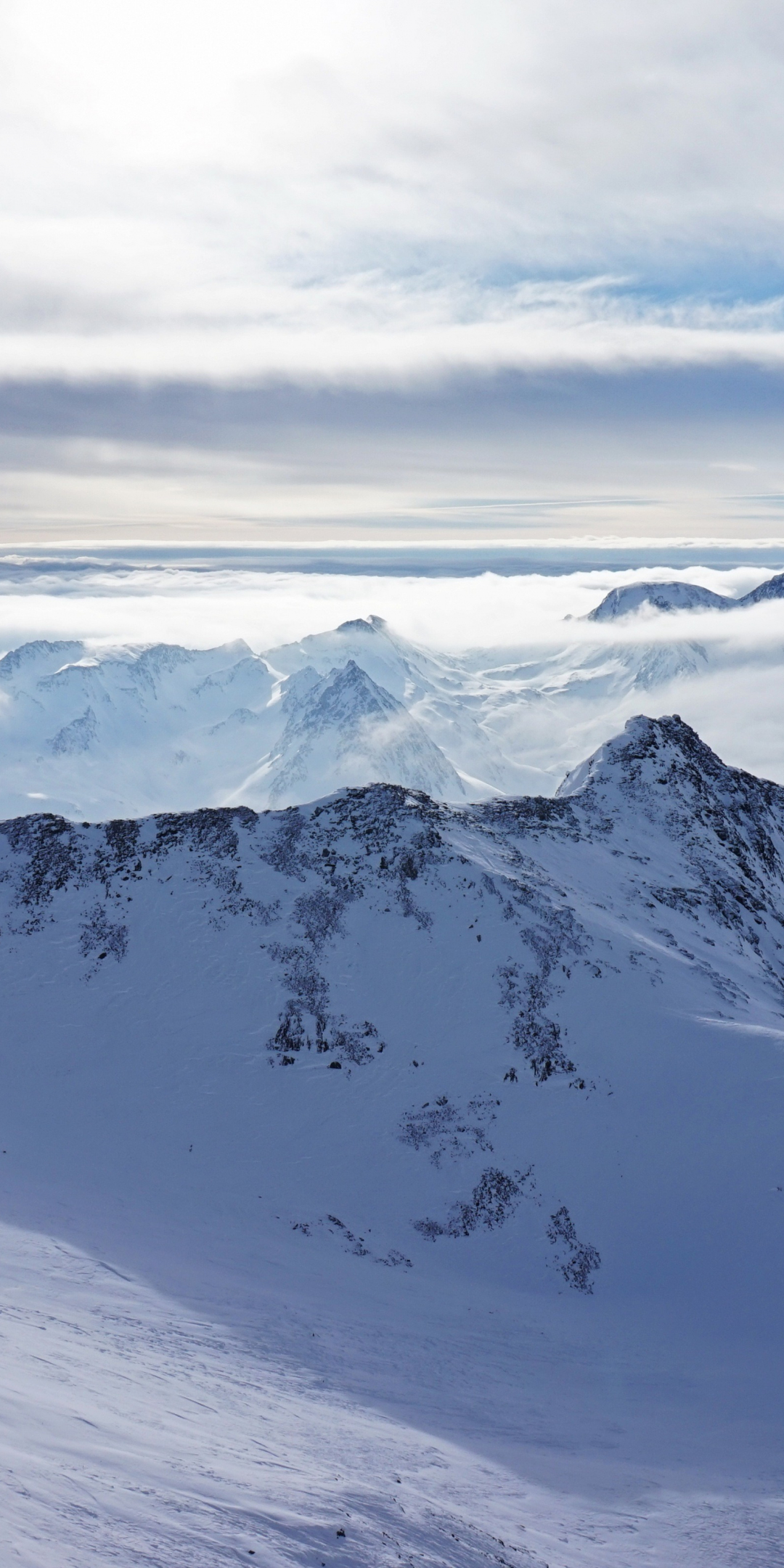 Snowy mountains, nature, clouds, skyline, landscape, 1080x2160 wallpaper
