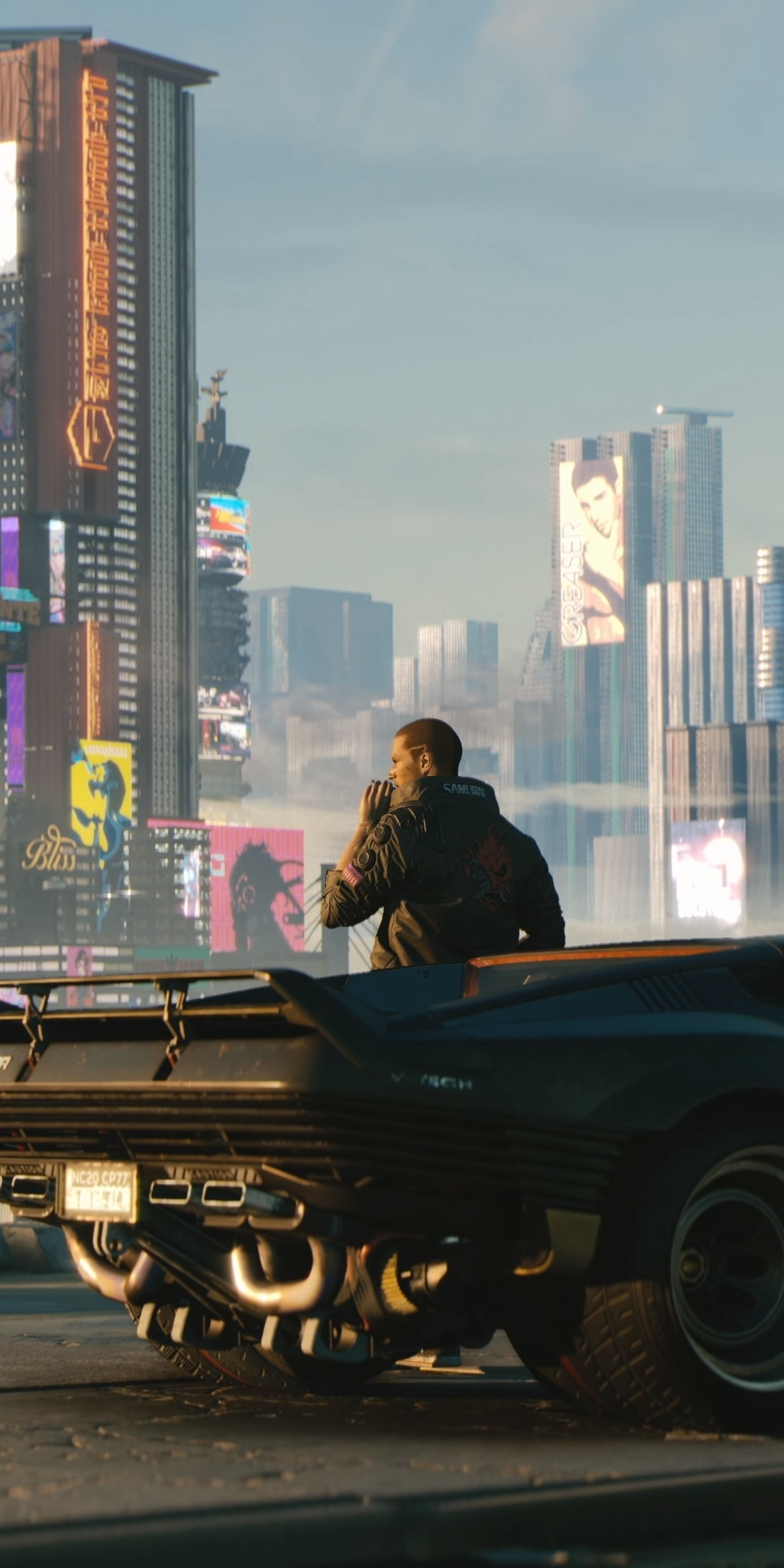 Cyberpunk 2077, man with future car, video game, 1080x2160 wallpaper