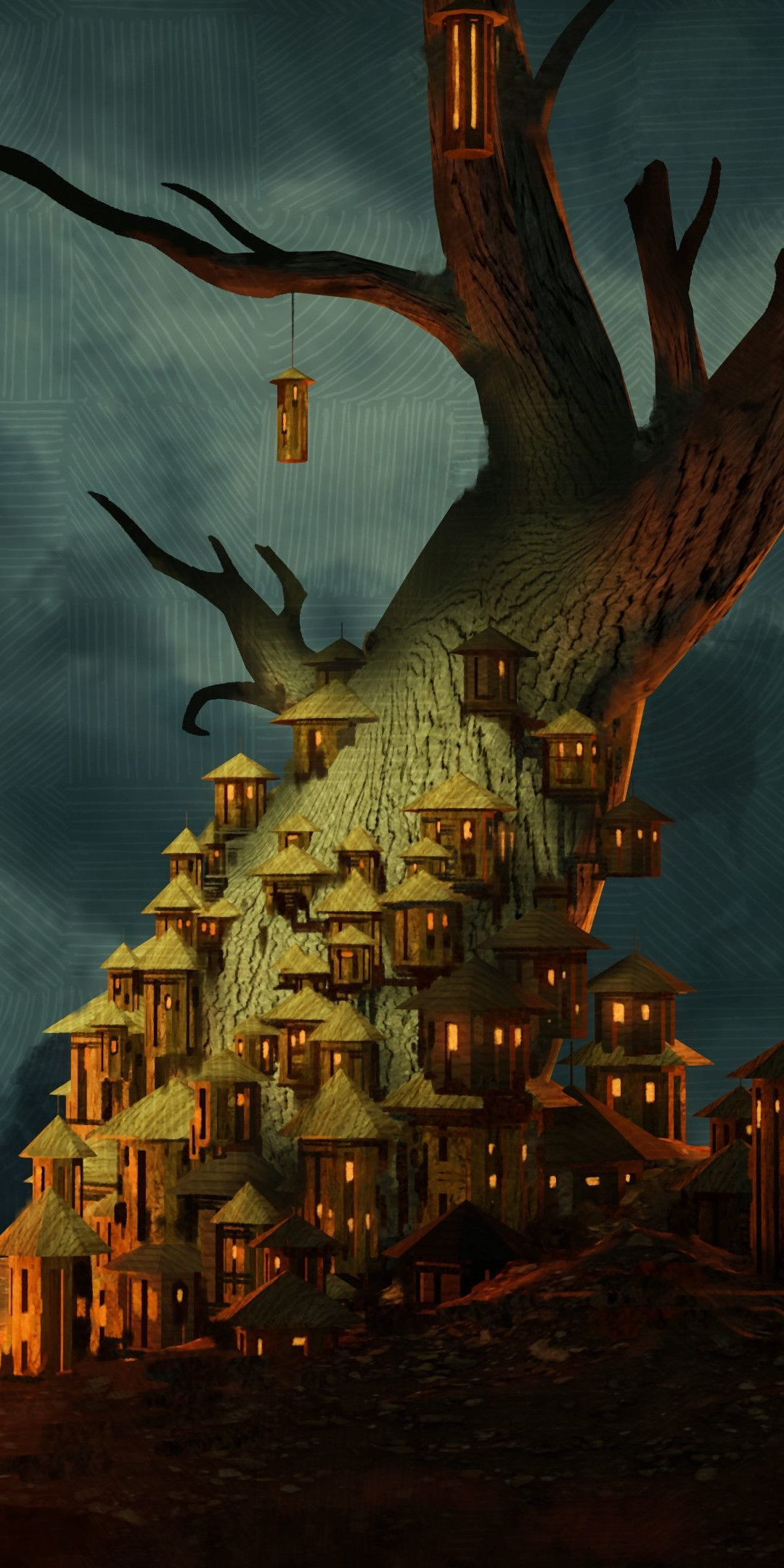 Lanterns, fairytale, tree, fantasy, 1080x2160 wallpaper