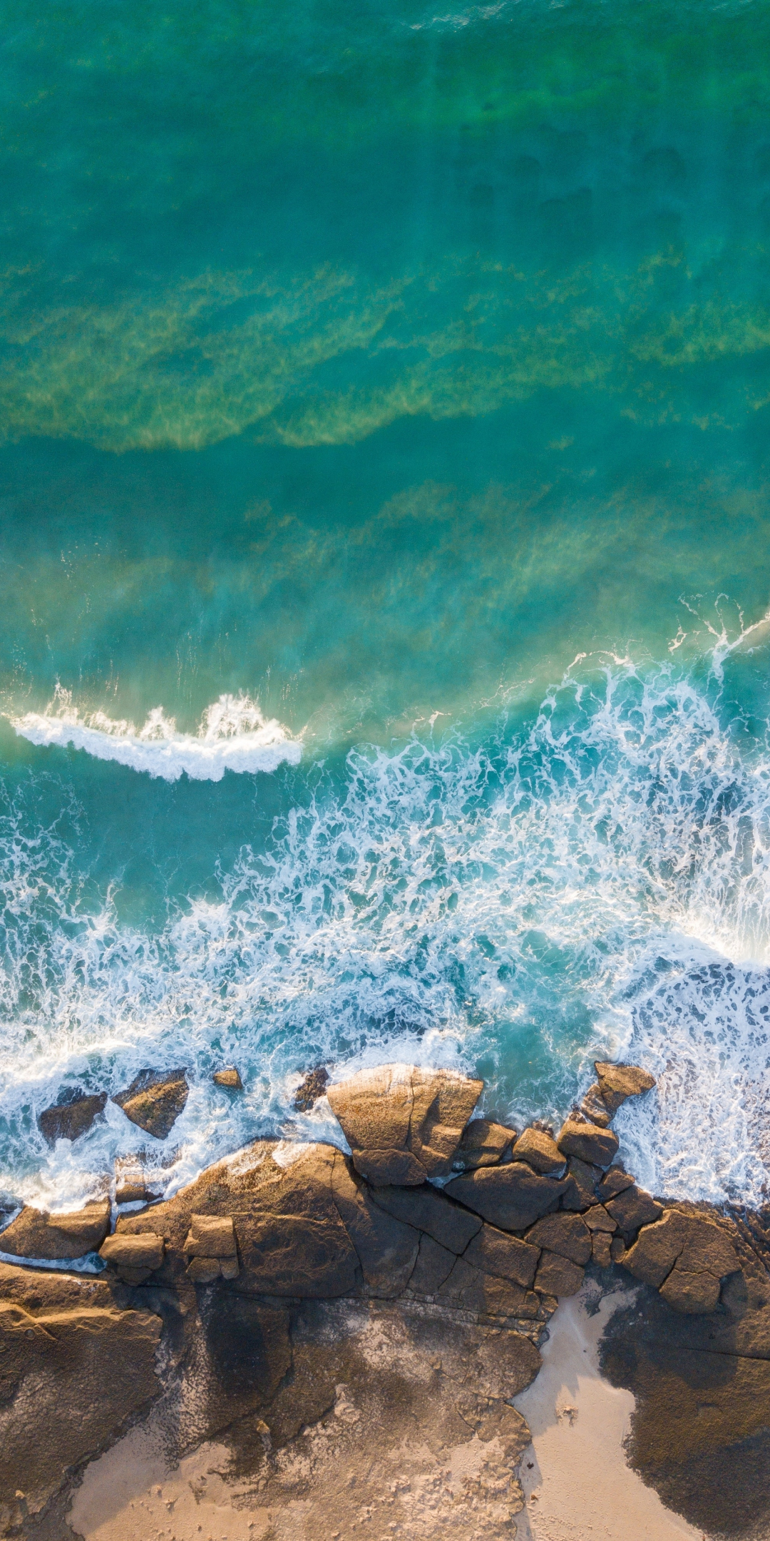 Coast, rocks, blue-green sea, sea waves, drone shot, nature, 1080x2160 wallpaper