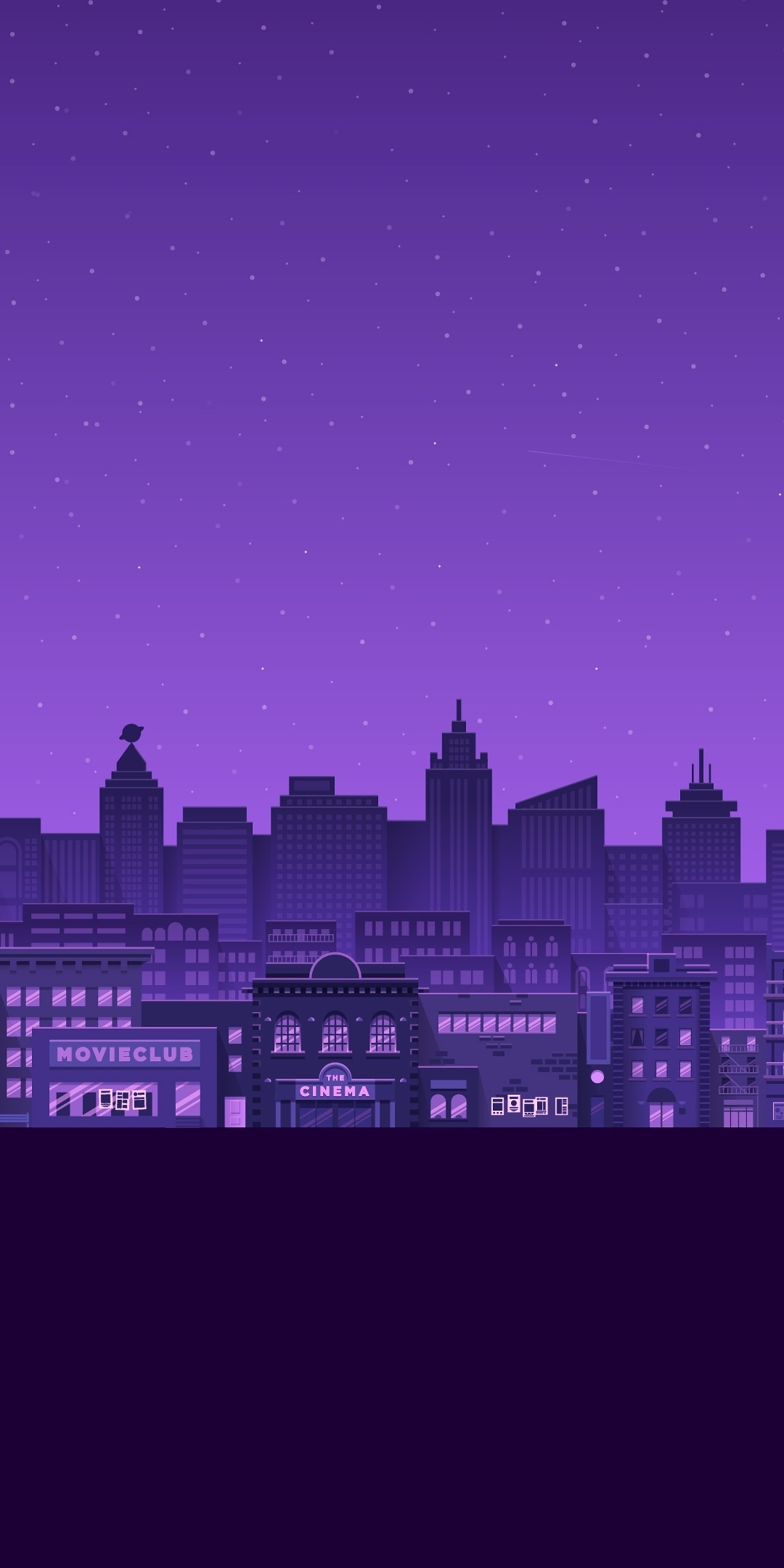 Purple moon, stars night, buildings, cityscape, minimal, 1080x2160 wallpaper