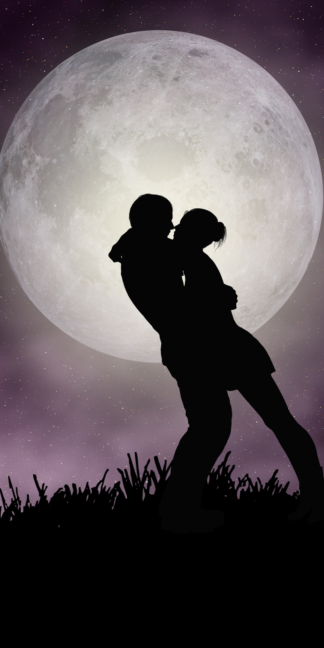 Moon, romantic night, couple, silhouette, art, 1080x2160 wallpaper