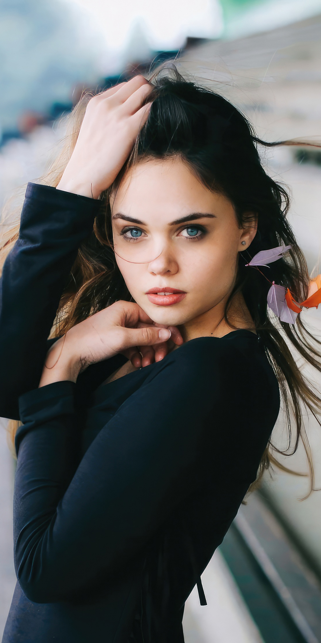 Blue eyes model, girl model, black dress, 1080x2160 wallpaper