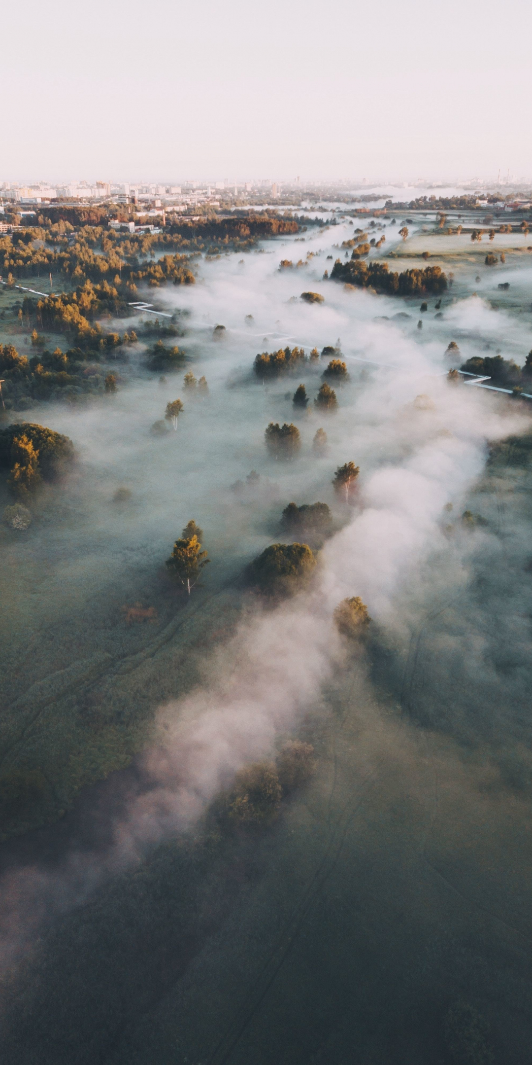 Nature, town, fog, aerial view, 1080x2160 wallpaper