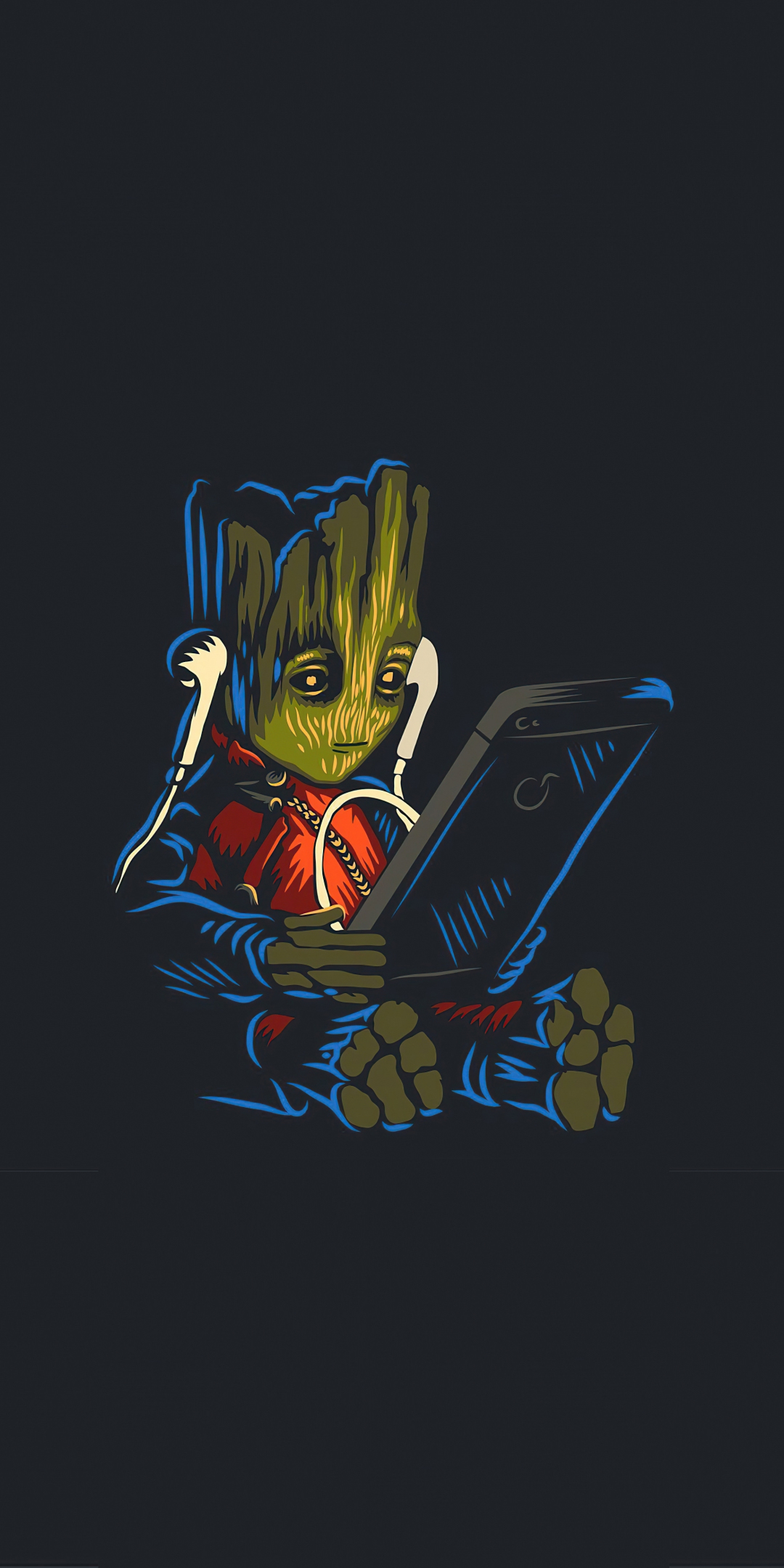 Baby Groot, Listening music on phone, fan art, 1080x2160 wallpaper