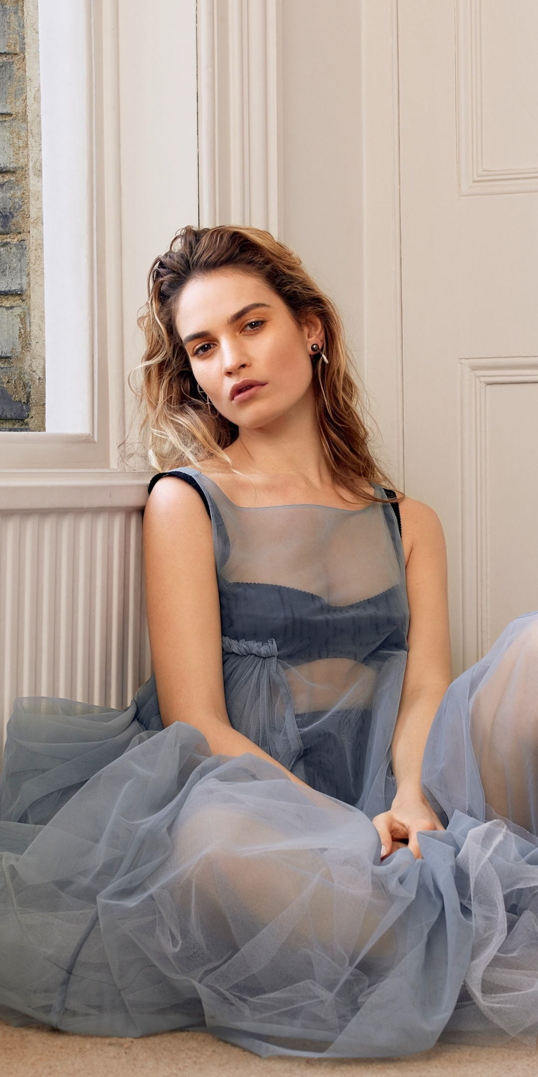 Lily James, sit, ligth blue dress, photoshoot, Allure, 2018, 1080x2160 wallpaper