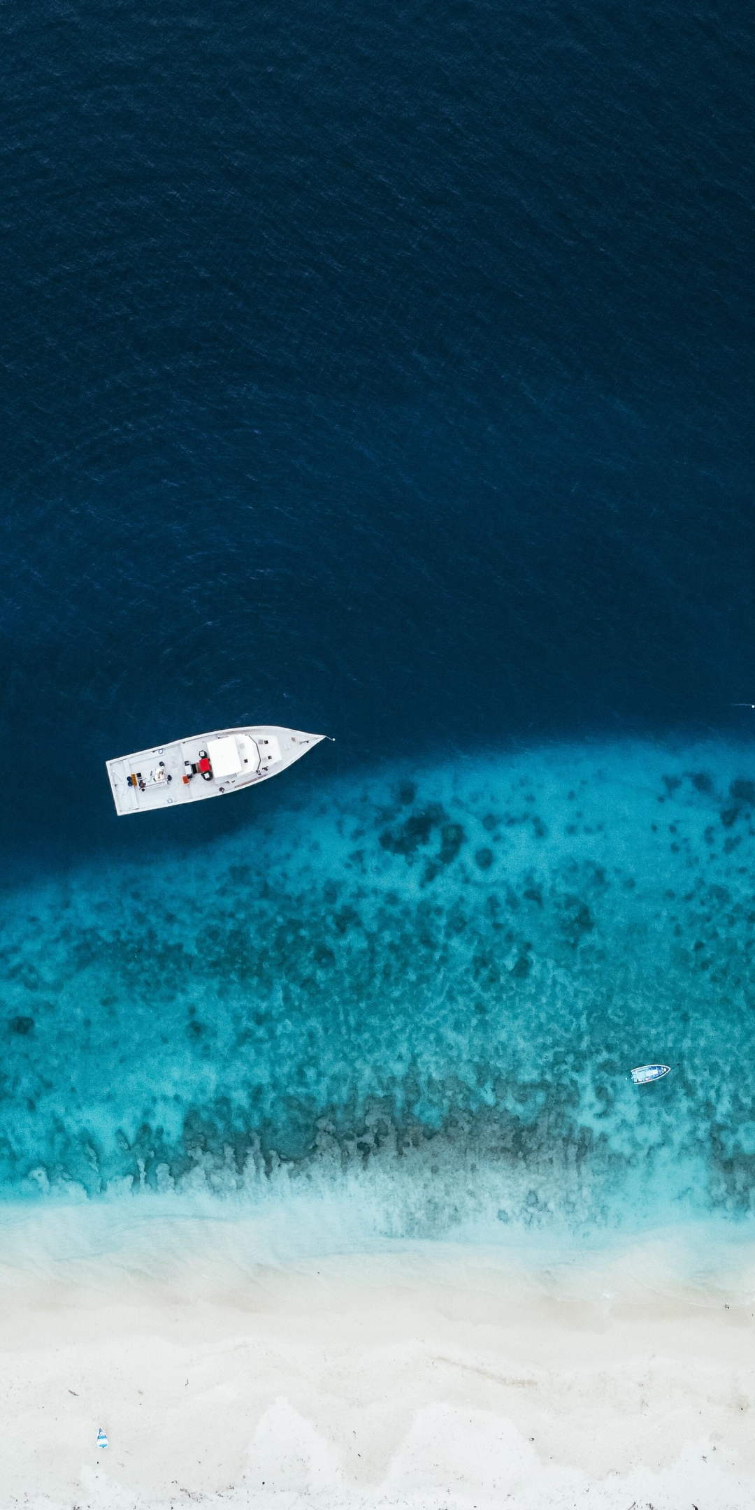 Drone shot, boat, blue sea, beach, 1080x2160 wallpaper