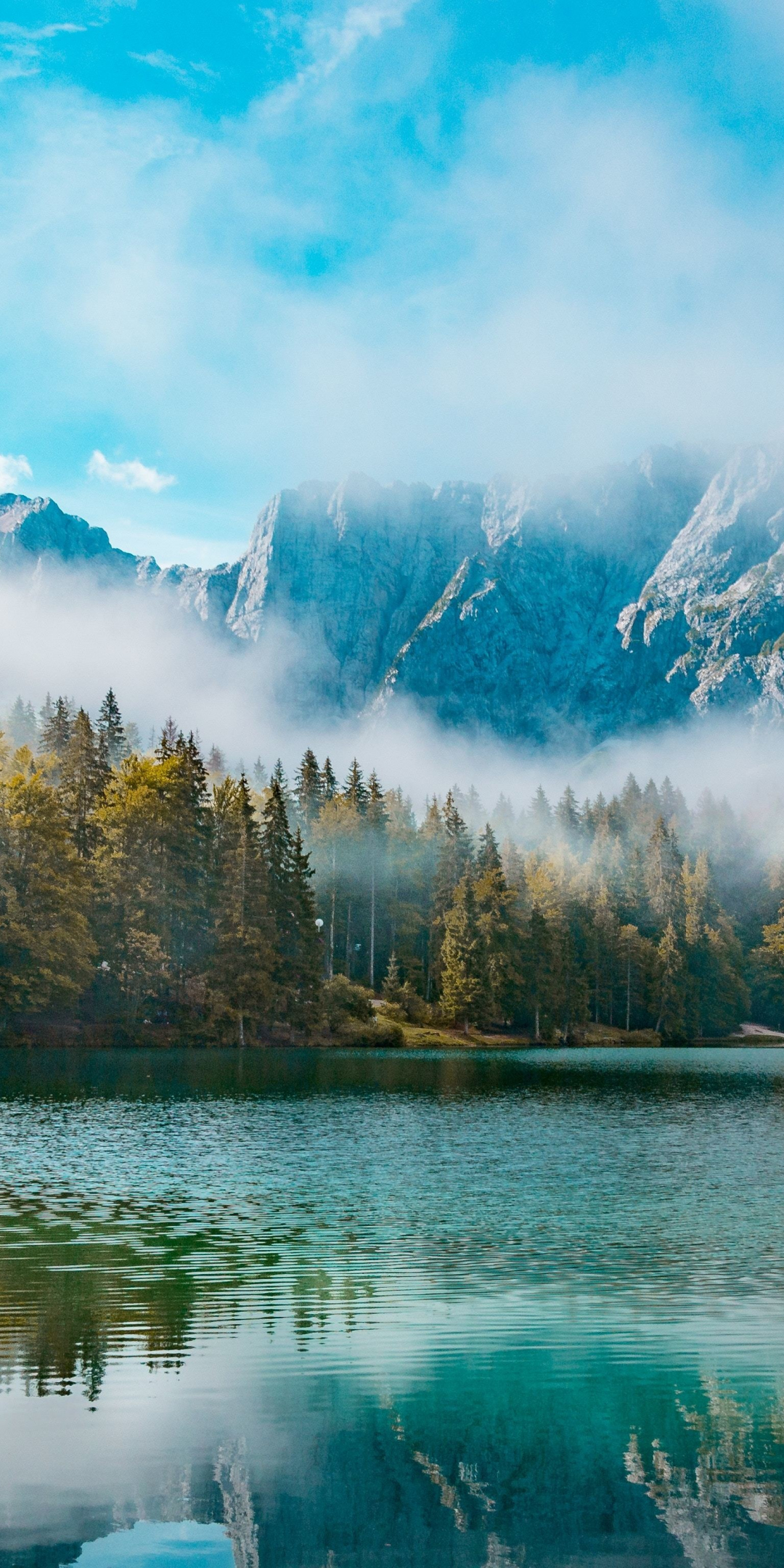 Lake, mountains, mist, forest, nature, 1080x2160 wallpaper