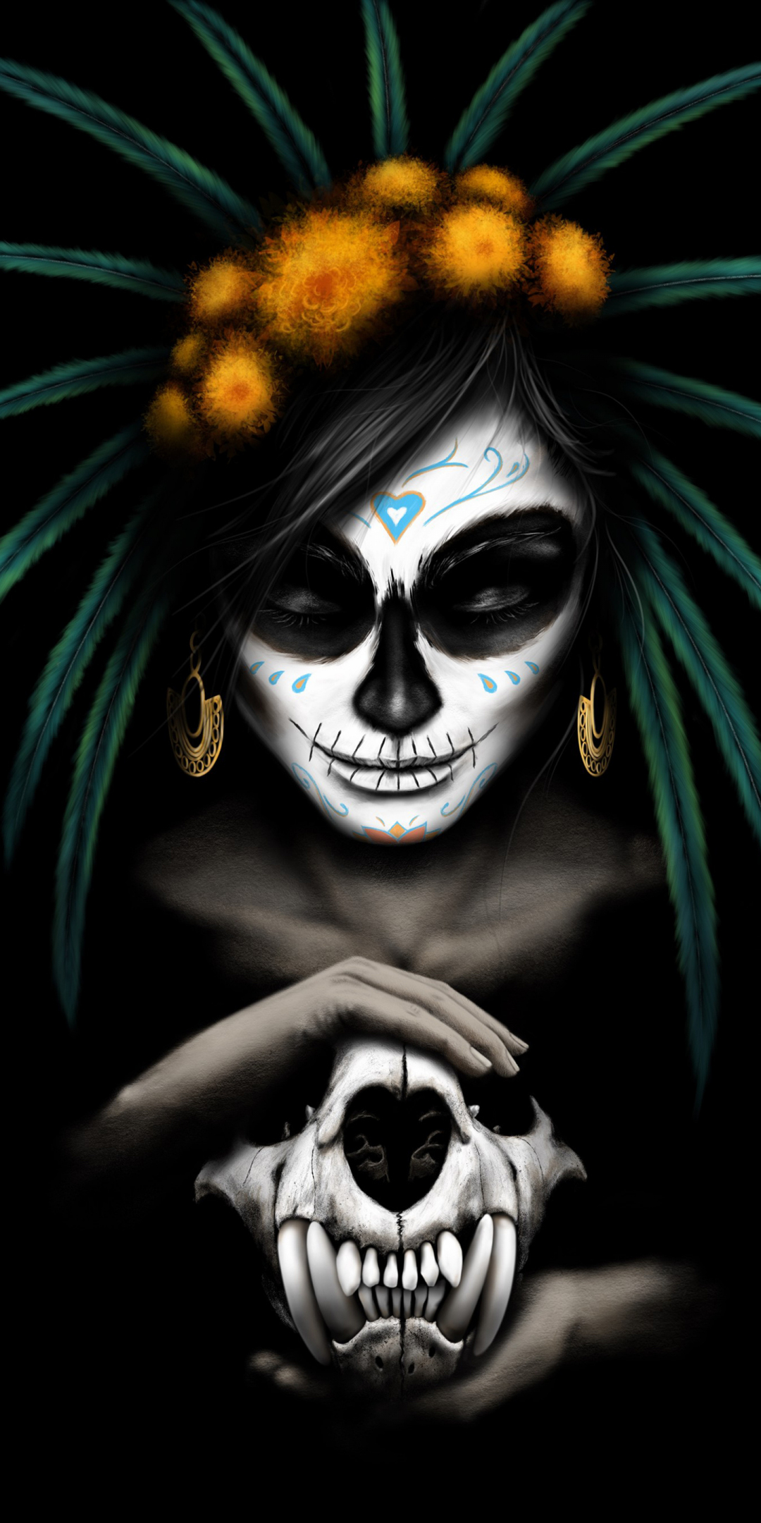 Woman, skull art on face, magician, 1080x2160 wallpaper
