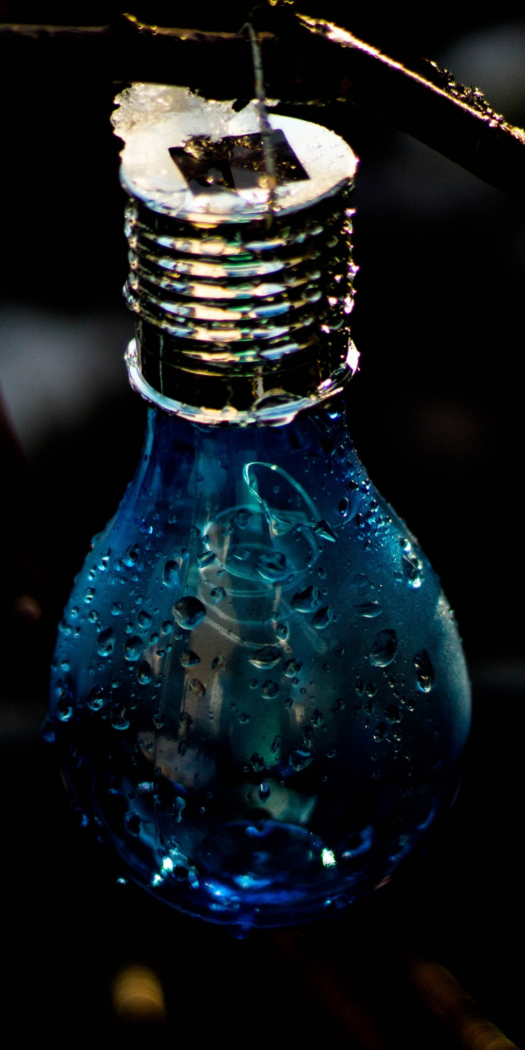 Light bulb, close up, dark, blue colors, 1080x2160 wallpaper
