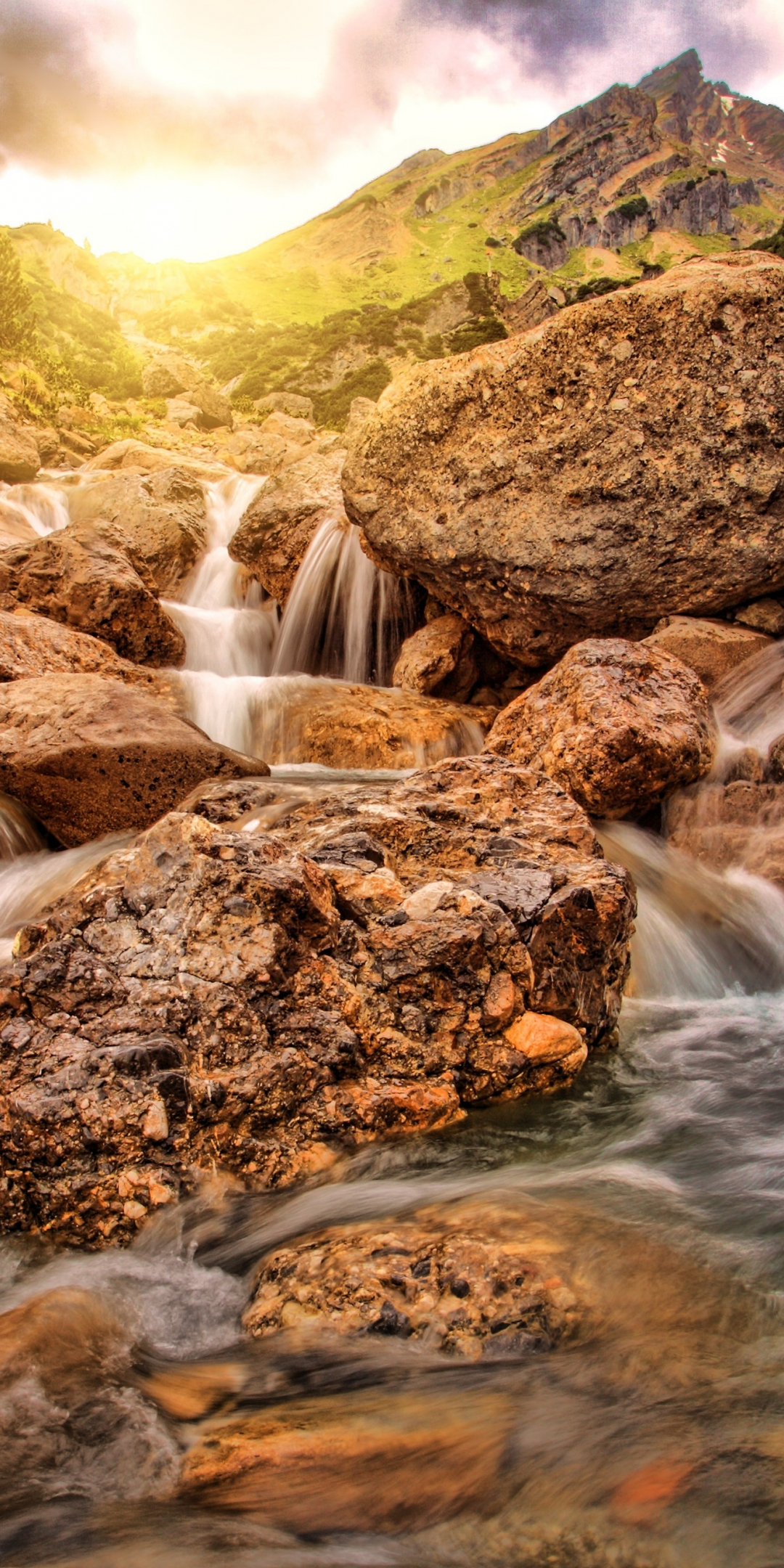 Waterfall, rocks, sunlight, water stream, Austria, 1080x2160 wallpaper