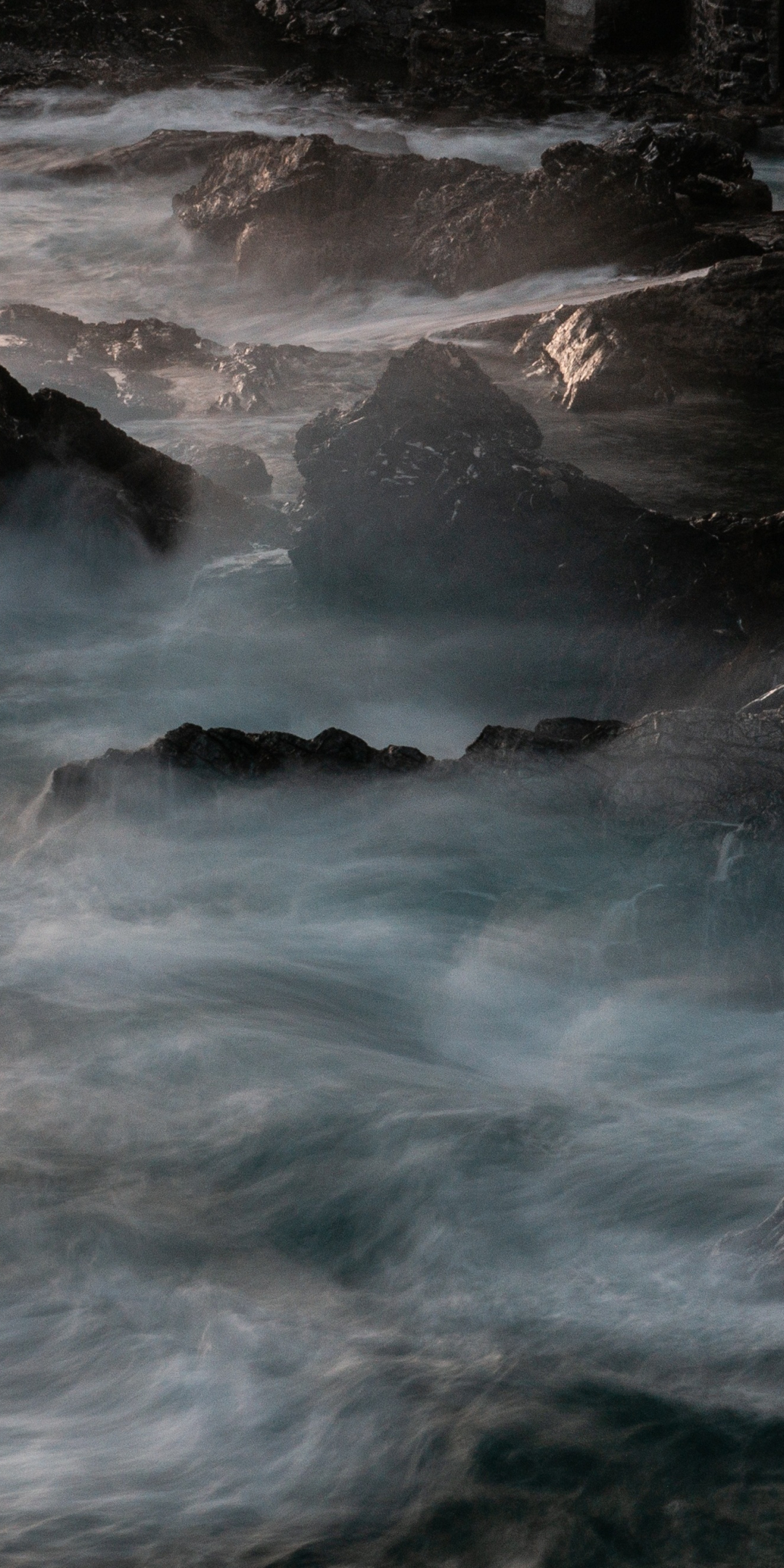 Coast, sea, rocks, black, mist, 1080x2160 wallpaper