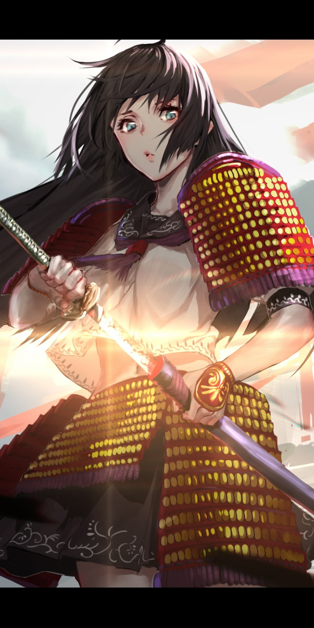Warrior, ninja, samurai, anime girl, artwork, 1080x2160 wallpaper