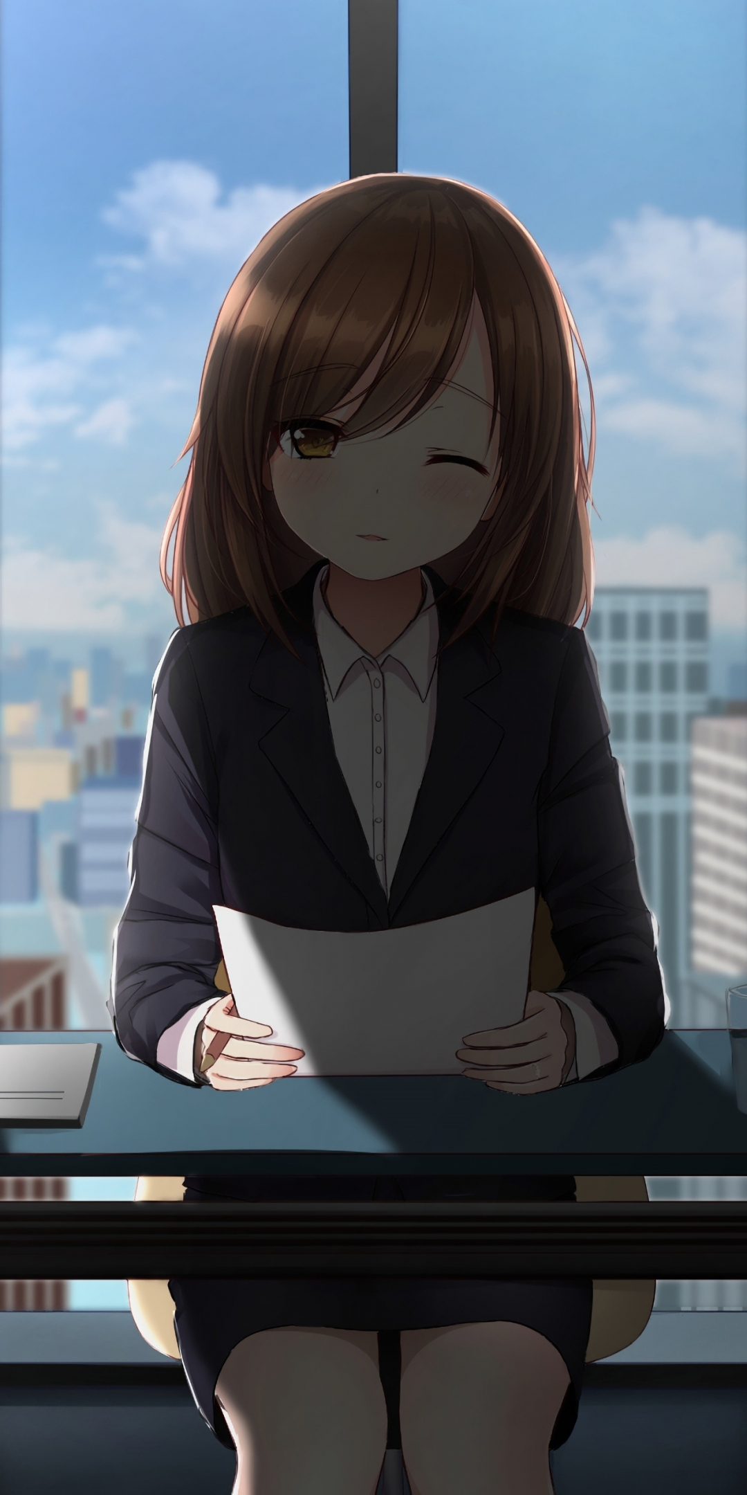 Office, anime girl, cute, wink, 1080x2160 wallpaper