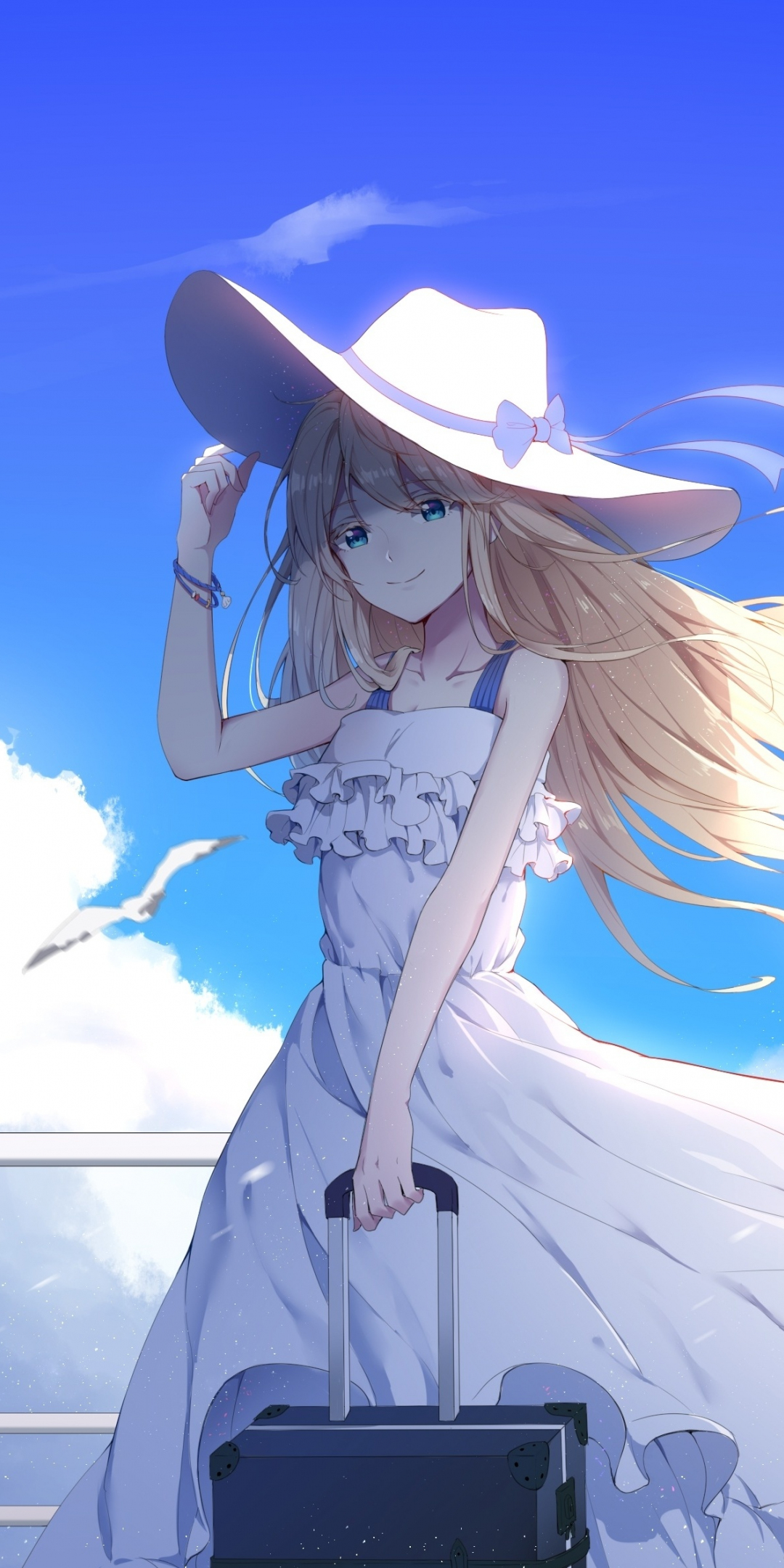 Anime girl, white dress, beautiful, 1080x2160 wallpaper