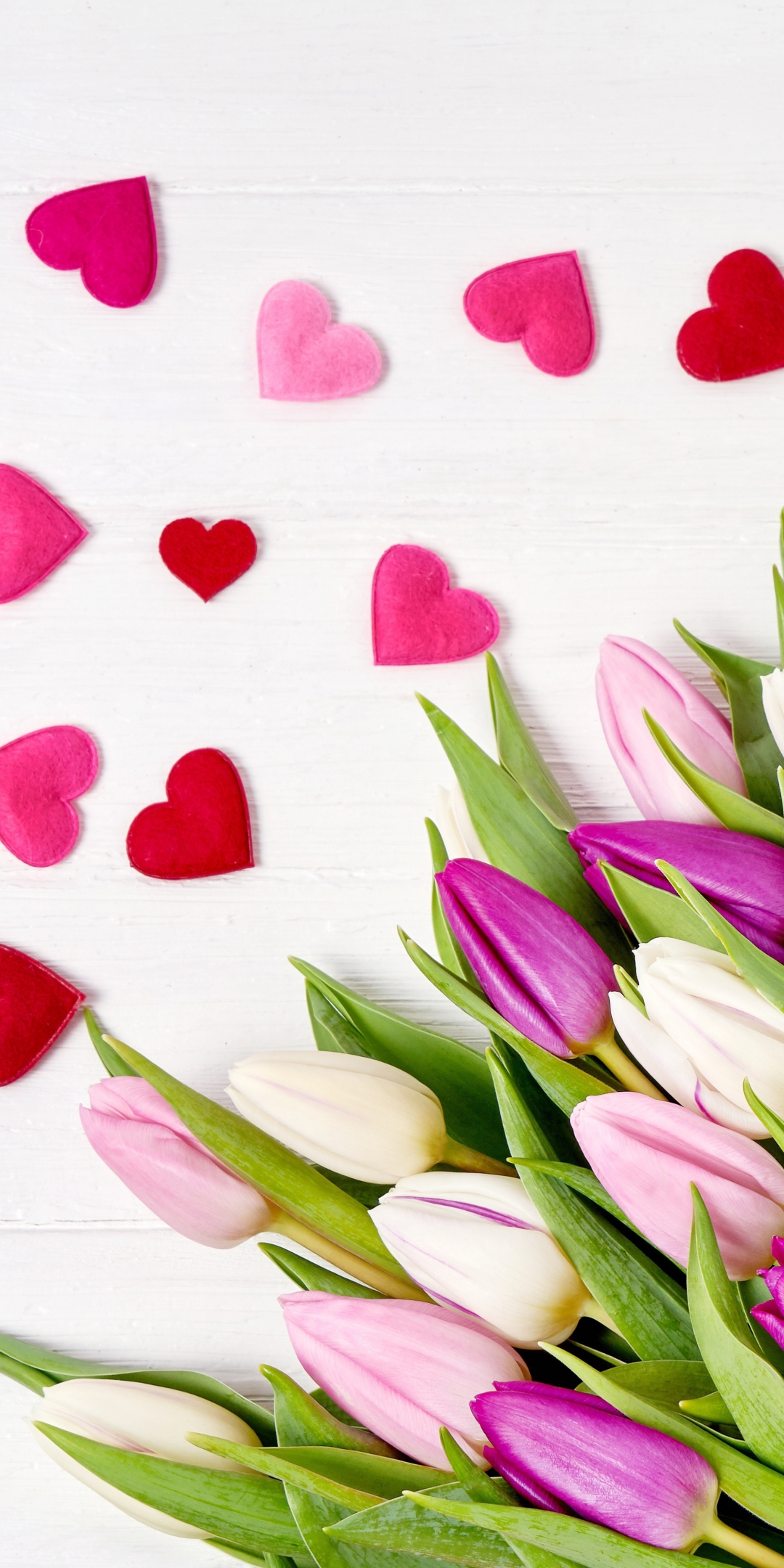 Heart, shapes, flowers, pink tulips, 1080x2160 wallpaper