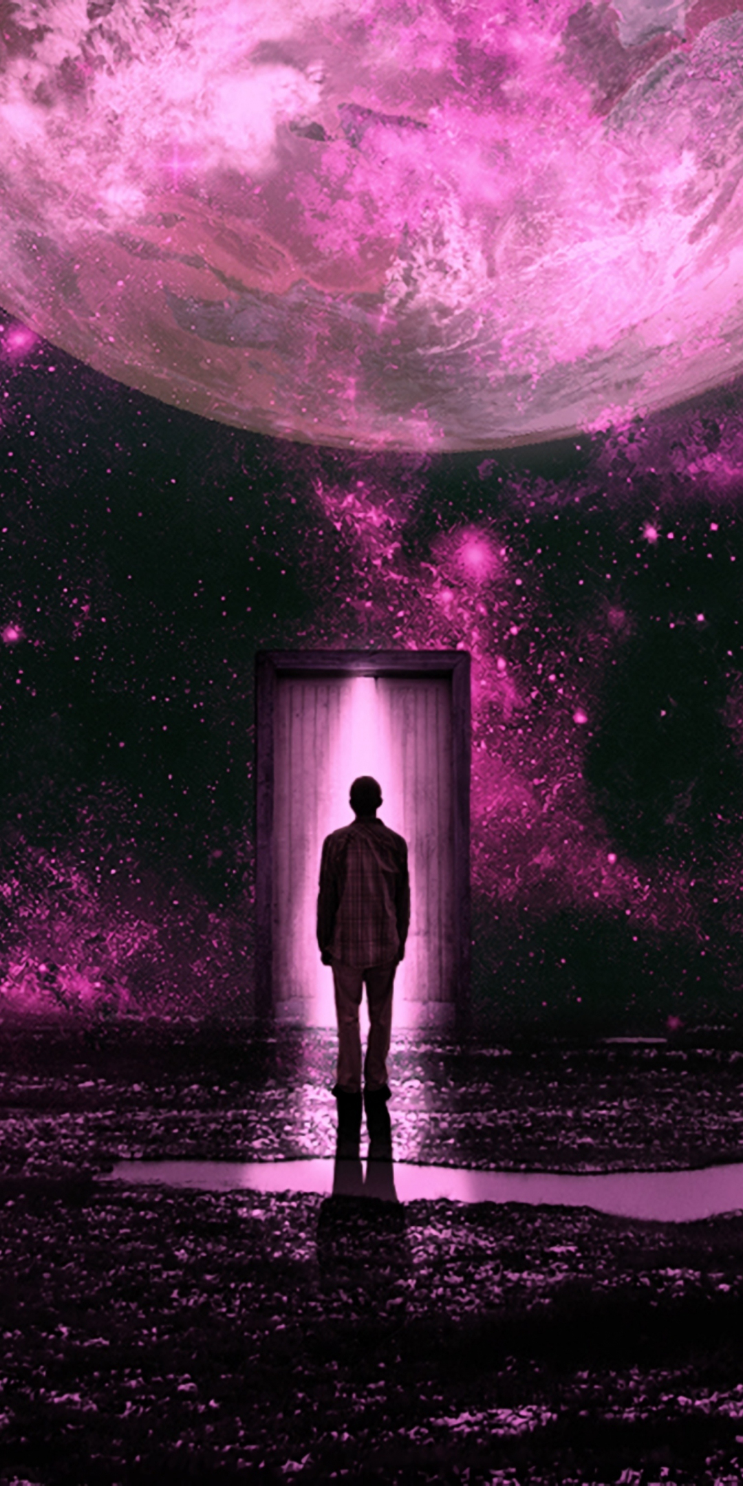 Silhouette, planet, door, lilac theme, art, 1080x2160 wallpaper