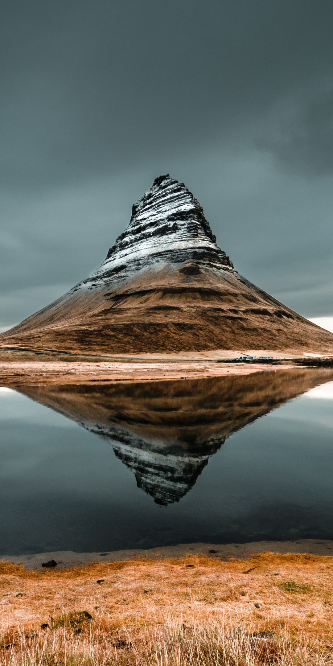 Kirkjufell, mountain, peak, lake, reflections, Iceland, 1080x2160 wallpaper