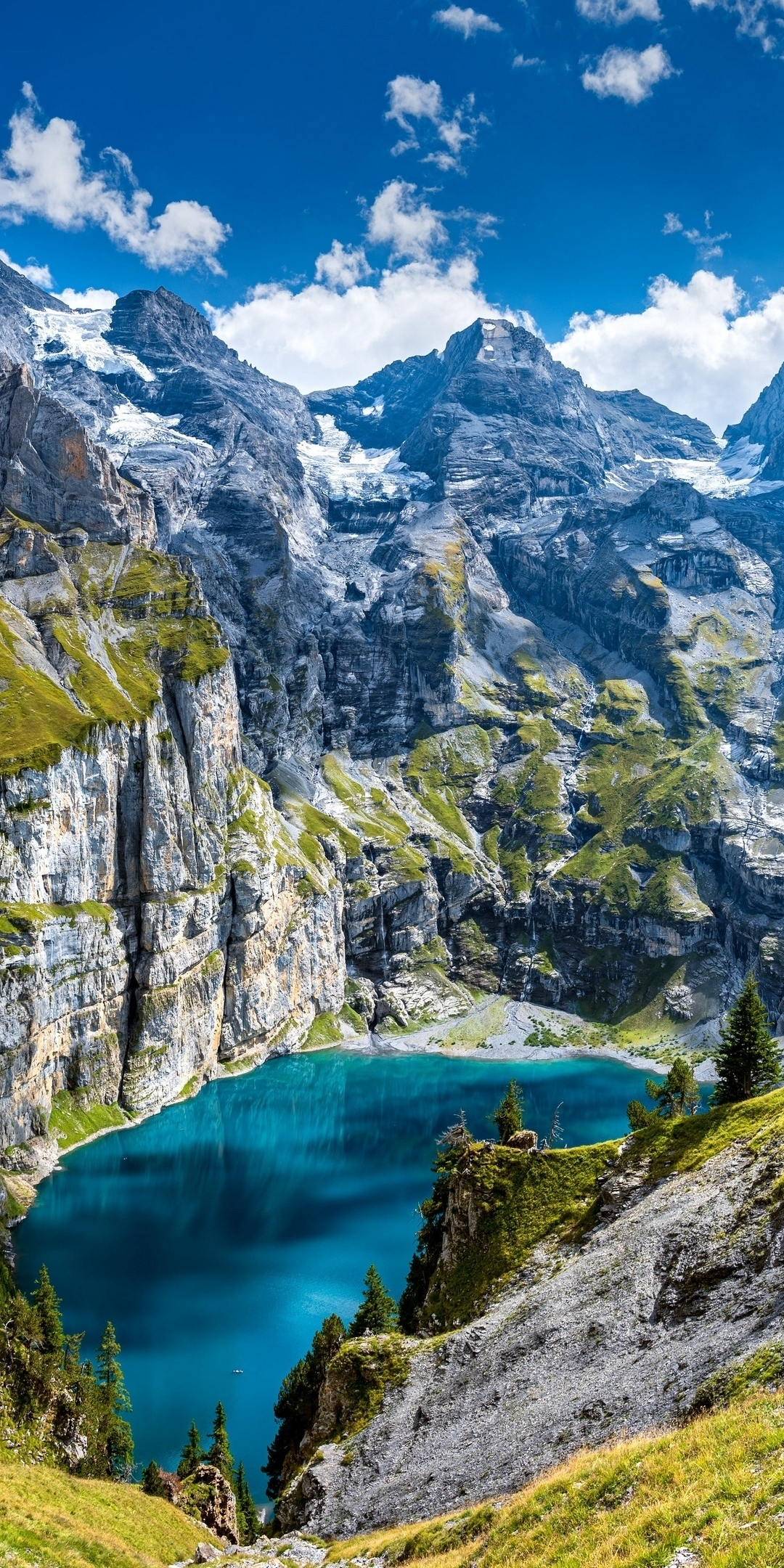 Crater lake of Swiss, mountains, sunny day, nature, 1080x2160 wallpaper