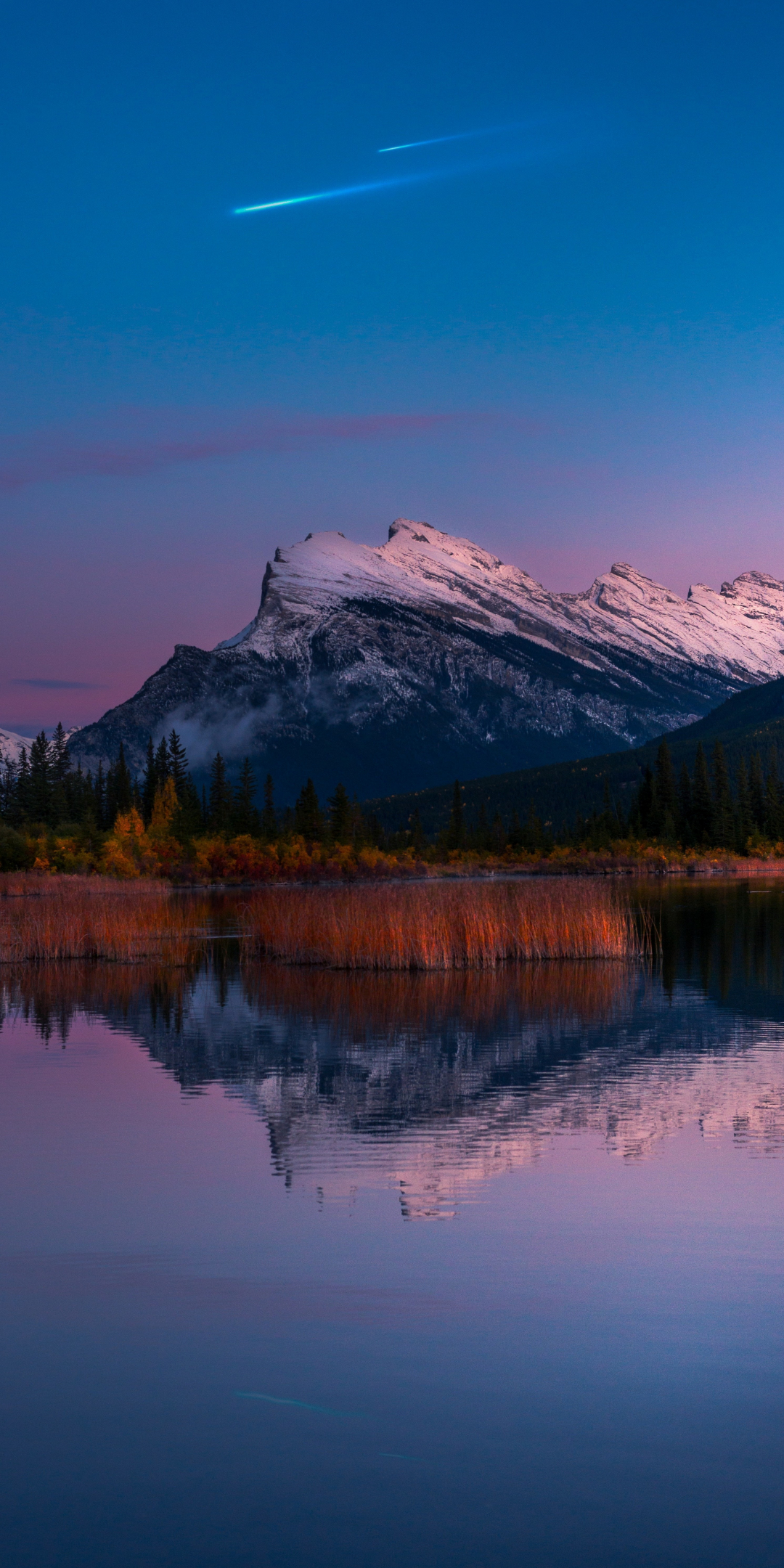 Vermillion Lakes, Banff National Park, mountains, trees, night, nature, moon, 1080x2160 wallpaper