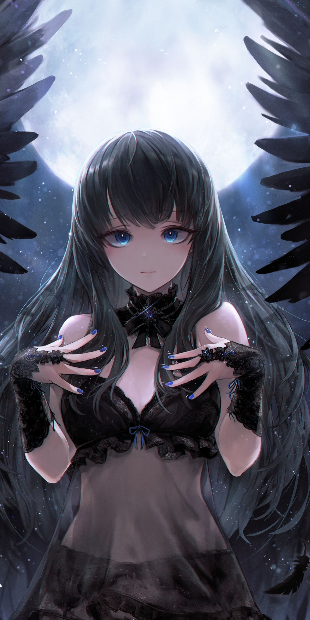 Black Angel, cute, anime girl, art, 1080x2160 wallpaper