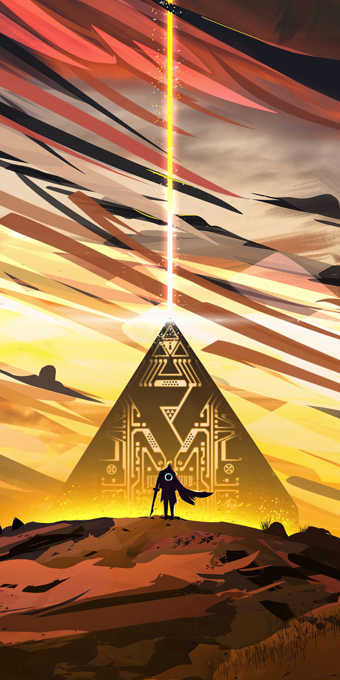 The traveler at pyramid, fantasy, artwork, 1080x2160 wallpaper