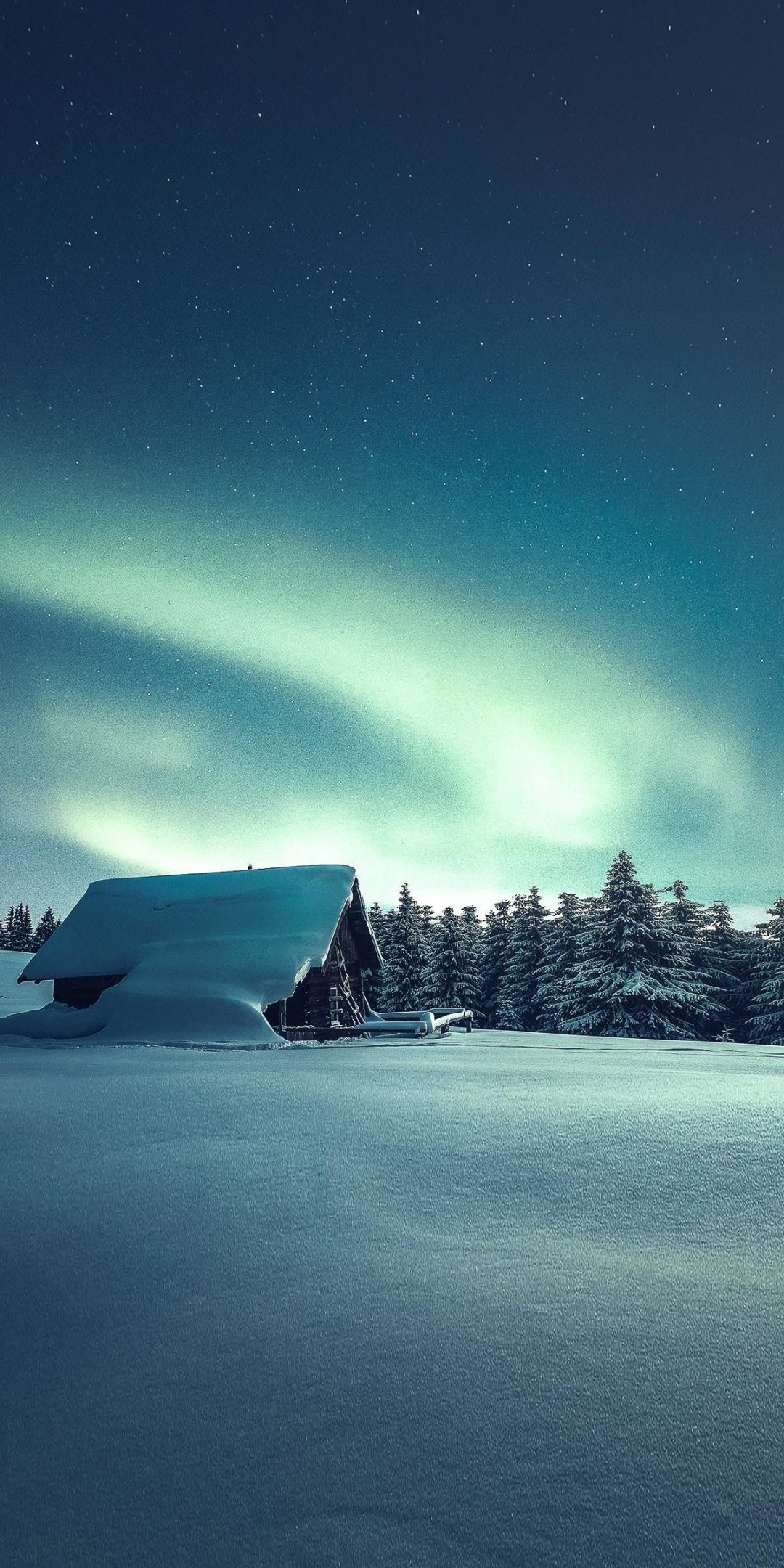 Winter, hut, landscape, northern lights, 1080x2160 wallpaper