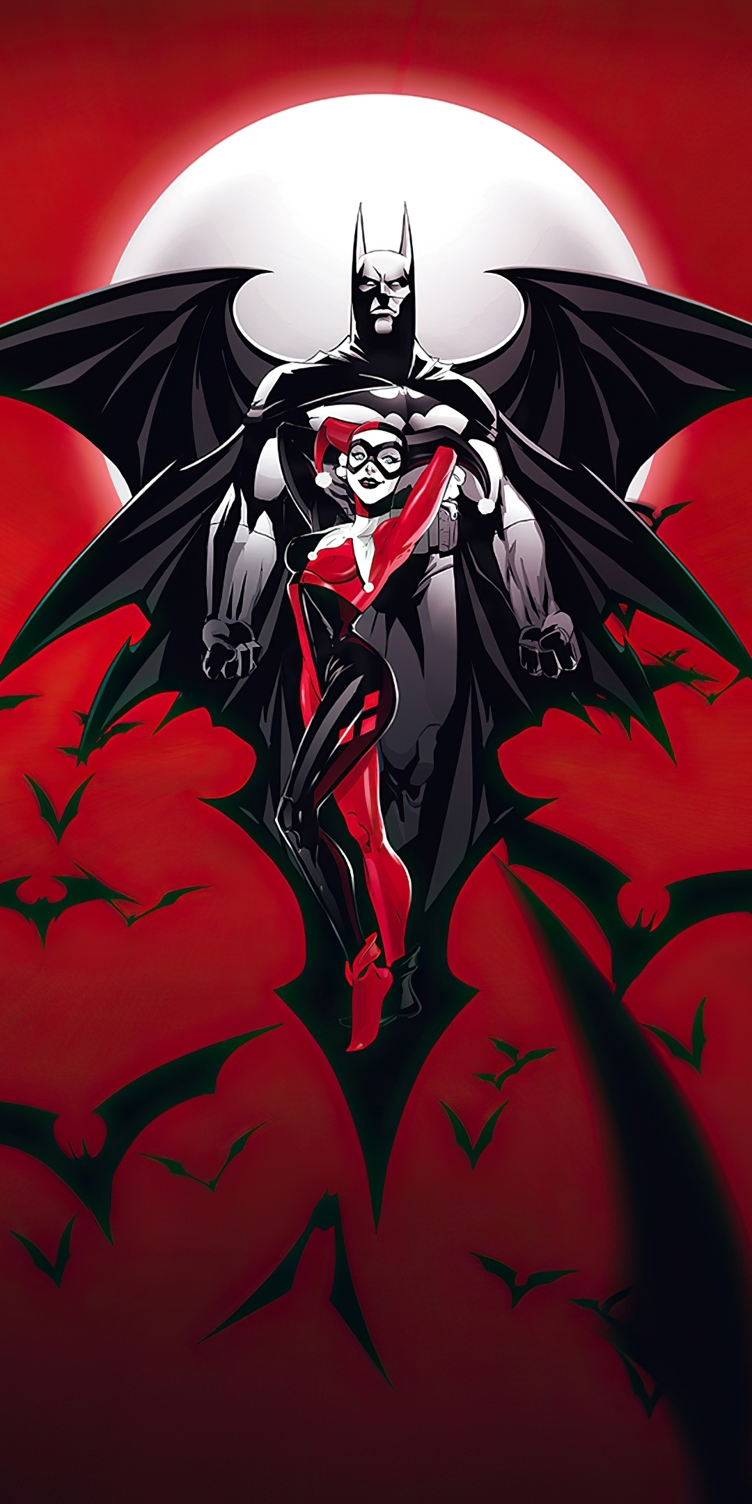 Batman & Harley Quinn, flight, bats, artwork, 1080x2160 wallpaper
