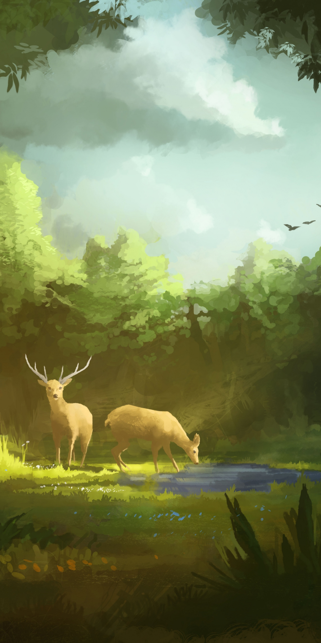 Deer, grazing, fantasy, artwork, 1080x2160 wallpaper