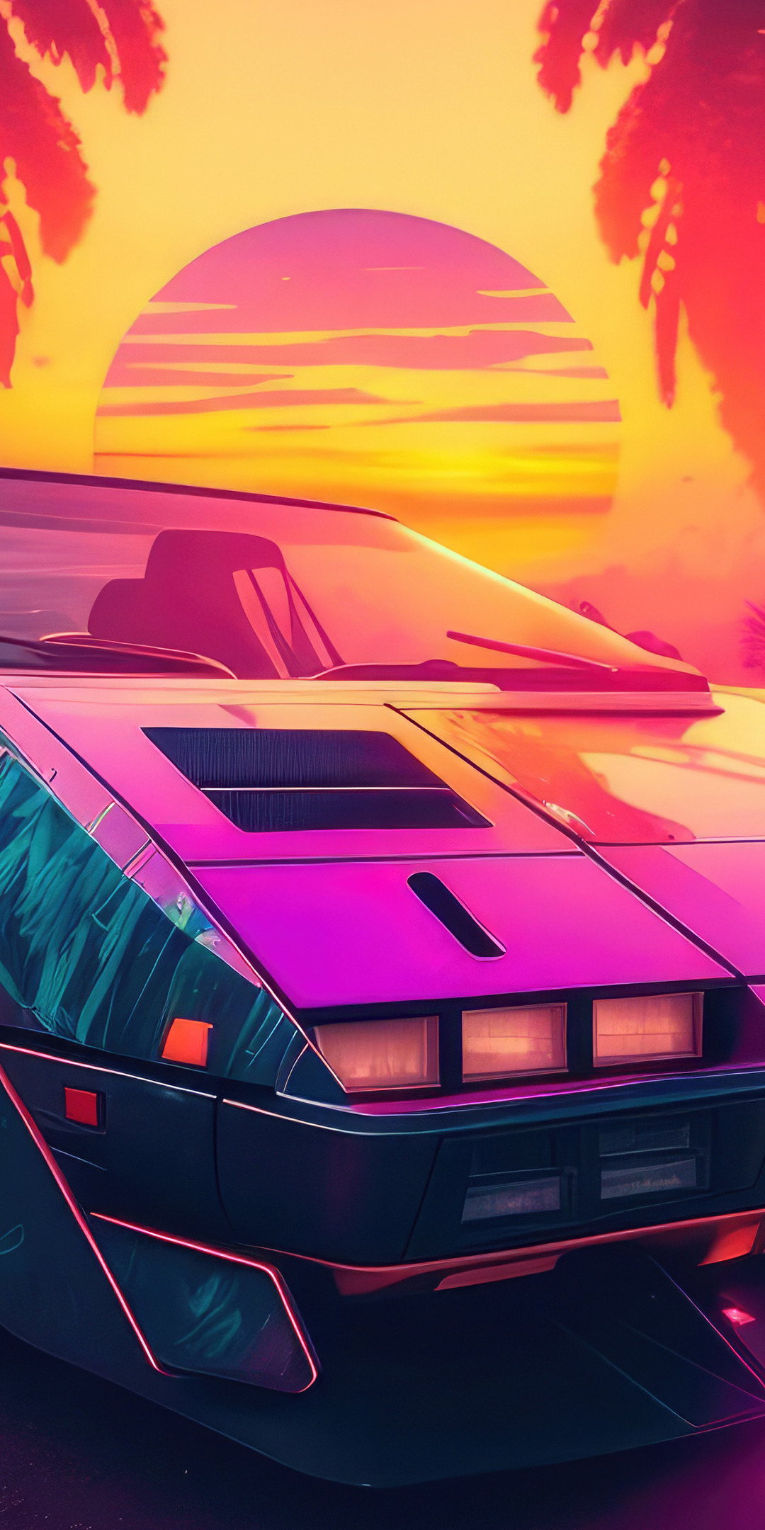 Synthwave car, Nostalgic for the 80s, digital art, 1080x2160 wallpaper
