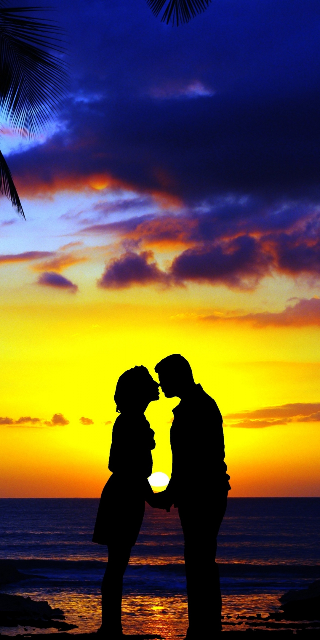 Kiss, couple, sunset, beach, silhouette, art, 1080x2160 wallpaper