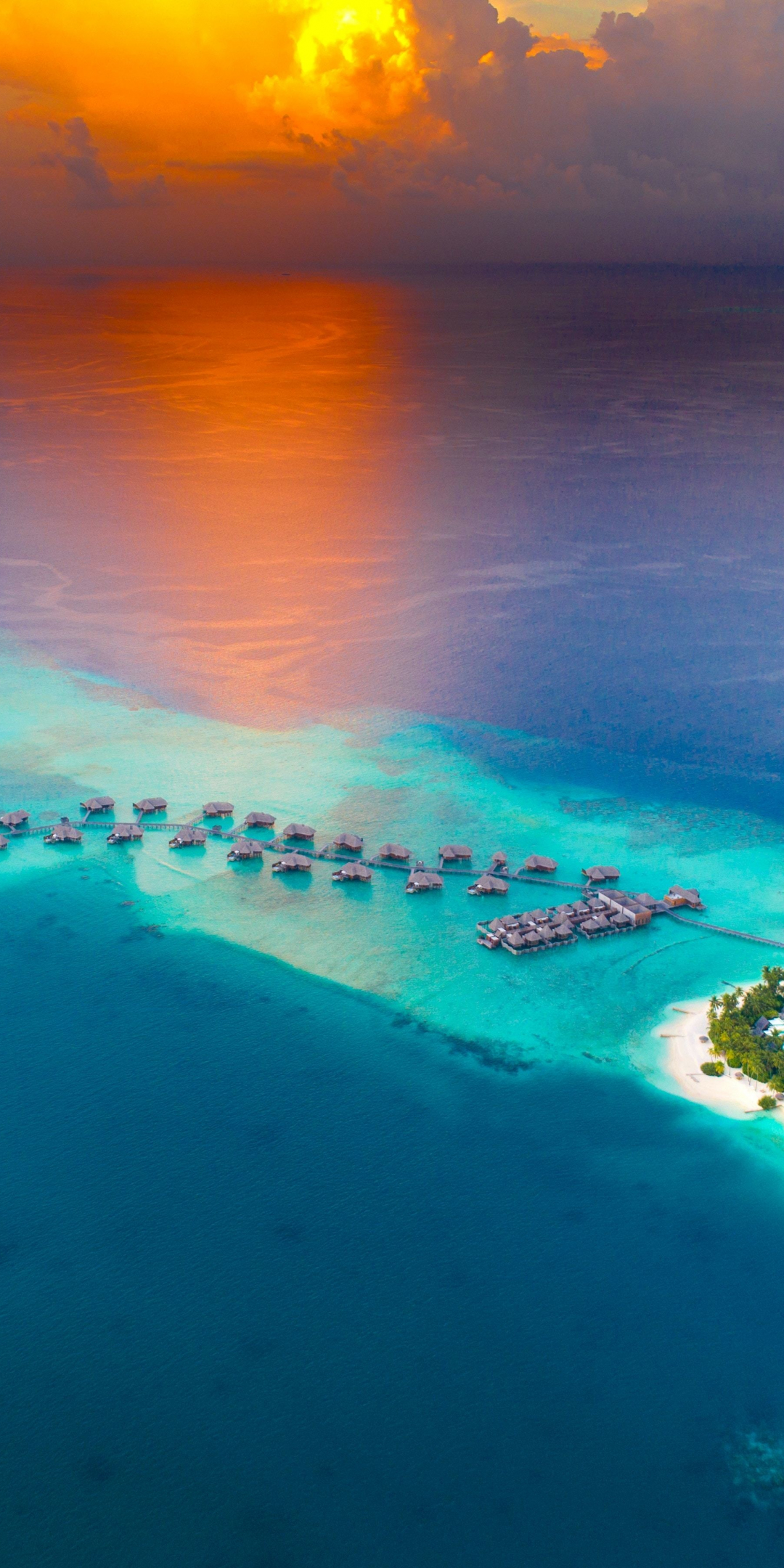 Sunset, aerial view, tropical island, resort, huts, 1080x2160 wallpaper