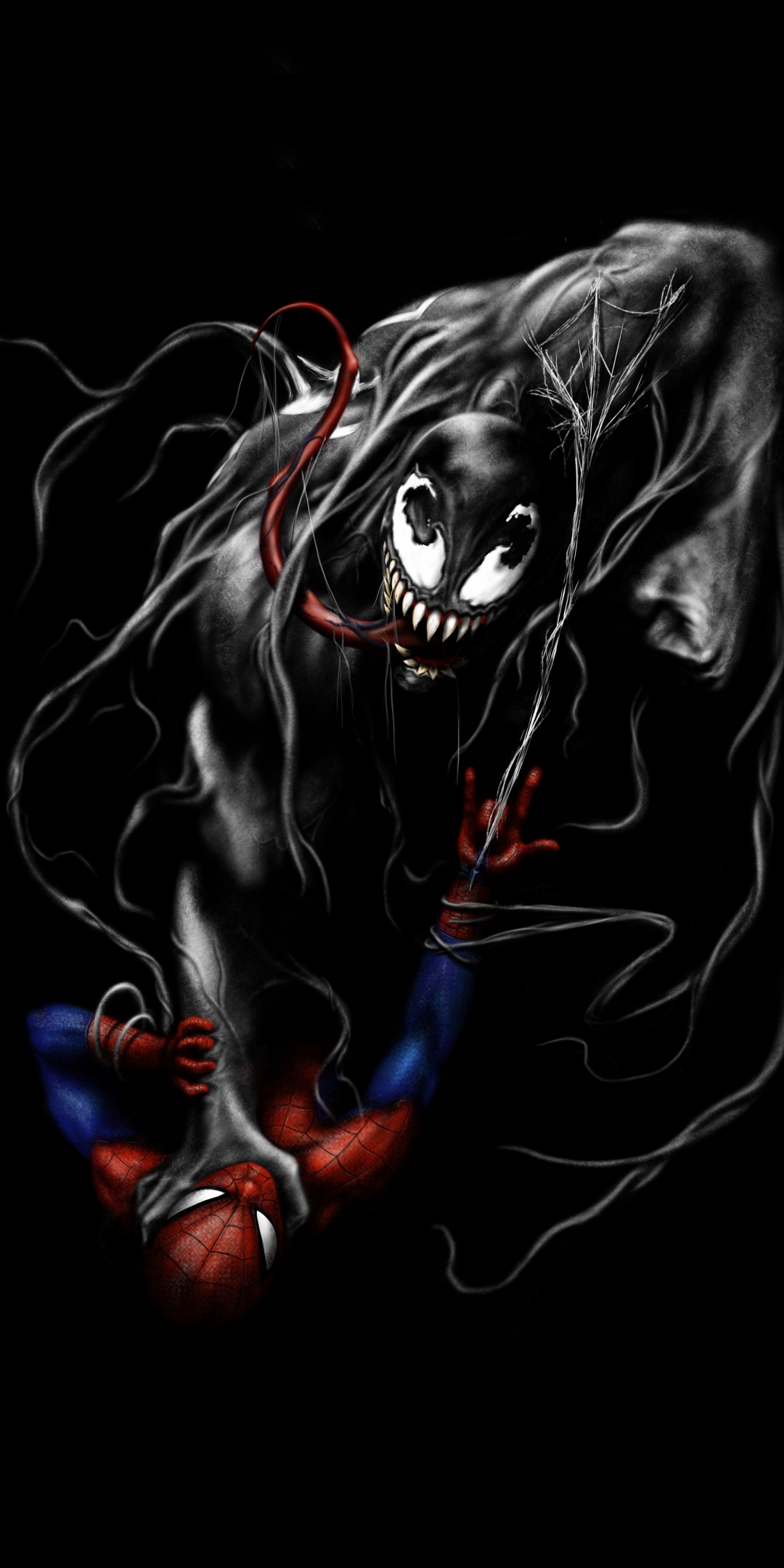 Venom and spider-man, fight, black and dark, minimal, art, 1080x2160 wallpaper