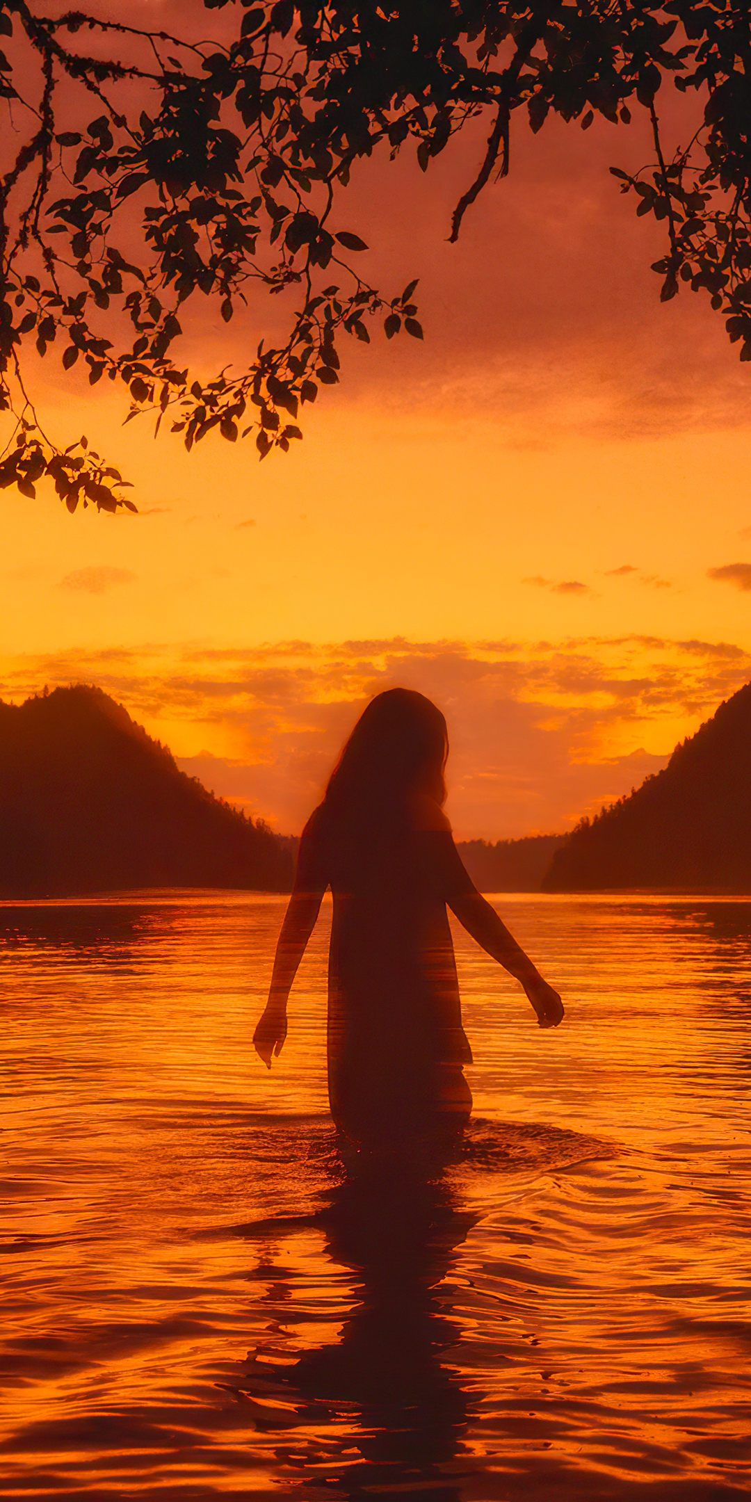 Lake, sunset, outdoor, silhouette, girl, 1080x2160 wallpaper