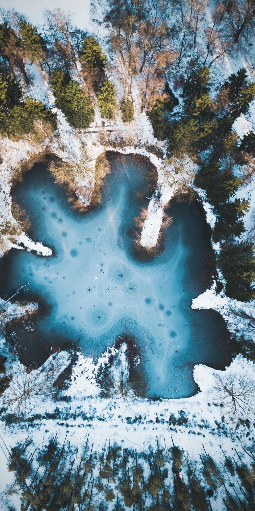 Pond, lake, winter, snow, aerial view, 1080x2160 wallpaper