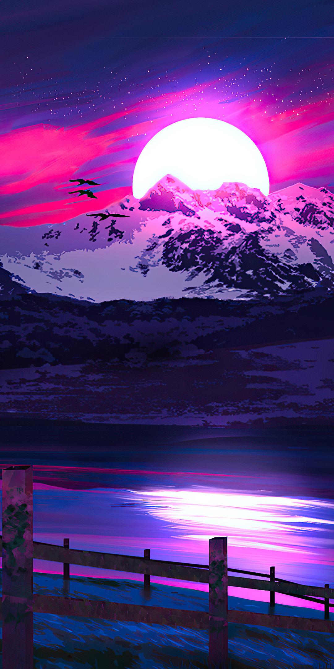 lake, woonden fence, mountains, landscape, sunset, neon art, 1080x2160 wallpaper