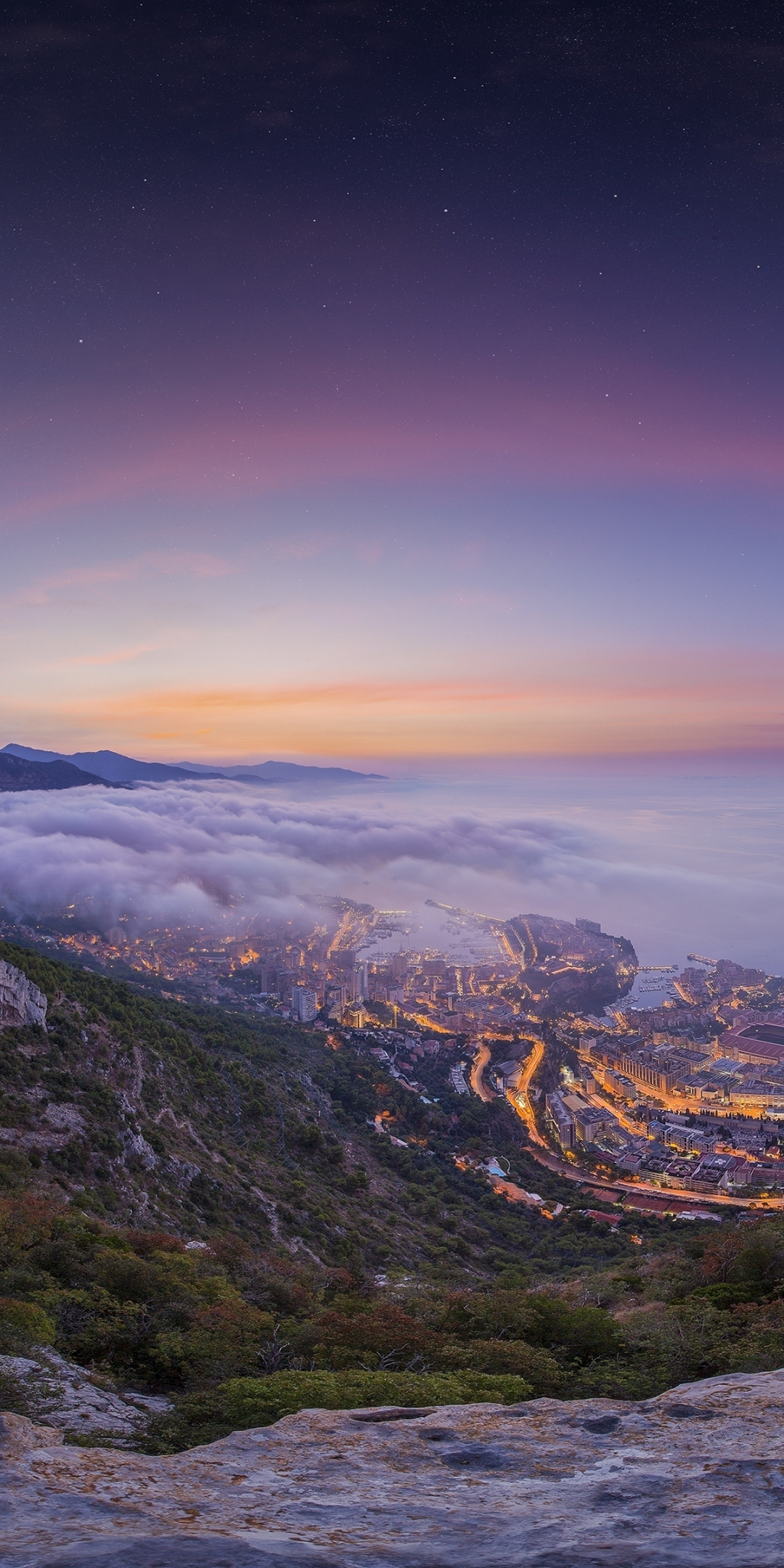Valley, Monaco city, aerial view, sunrise, foggy cityscape, city lights, 1080x2160 wallpaper