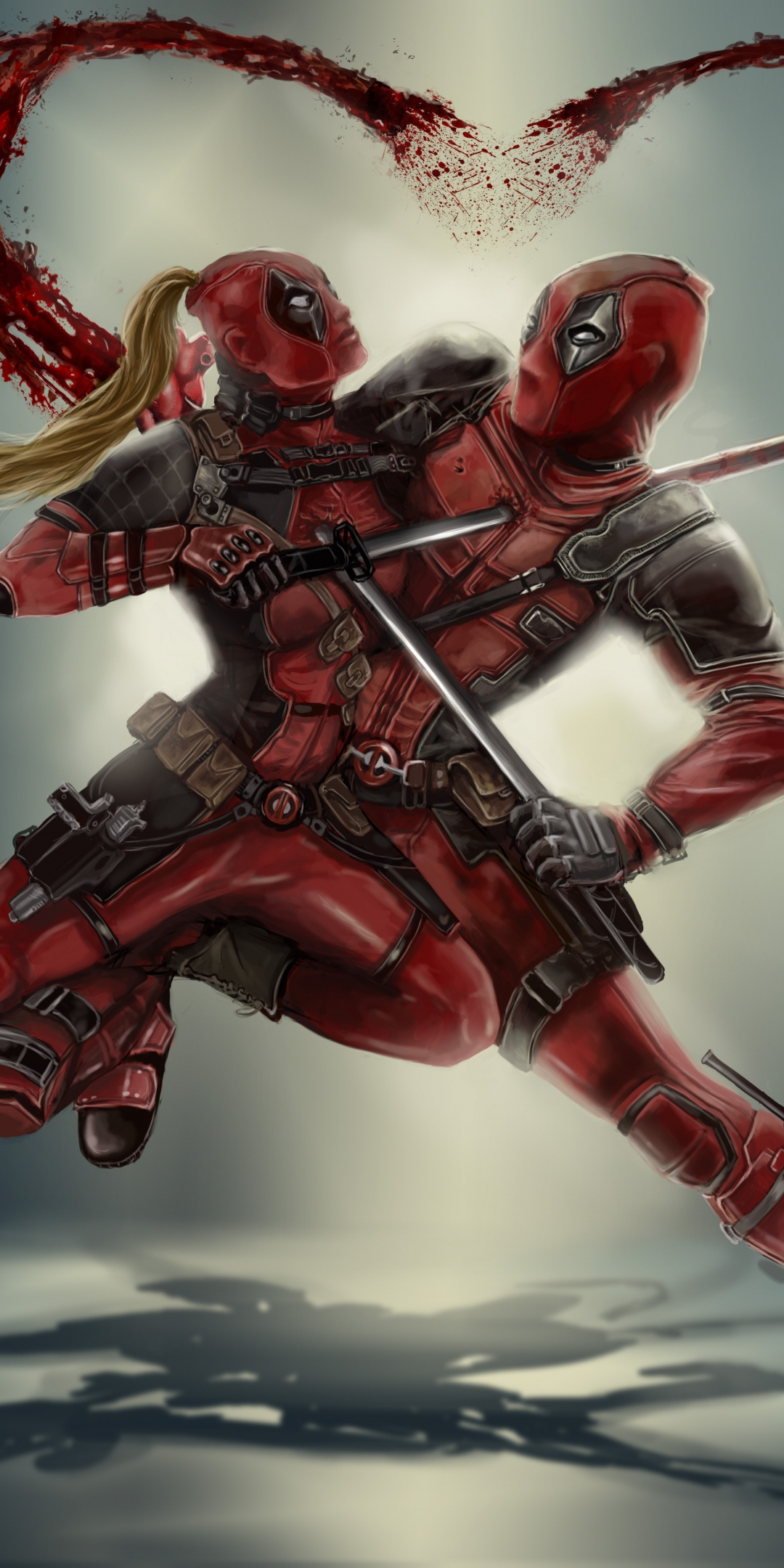 Deadpool vs lady deadpool, superhero, couple, fight, art, 1080x2160 wallpaper