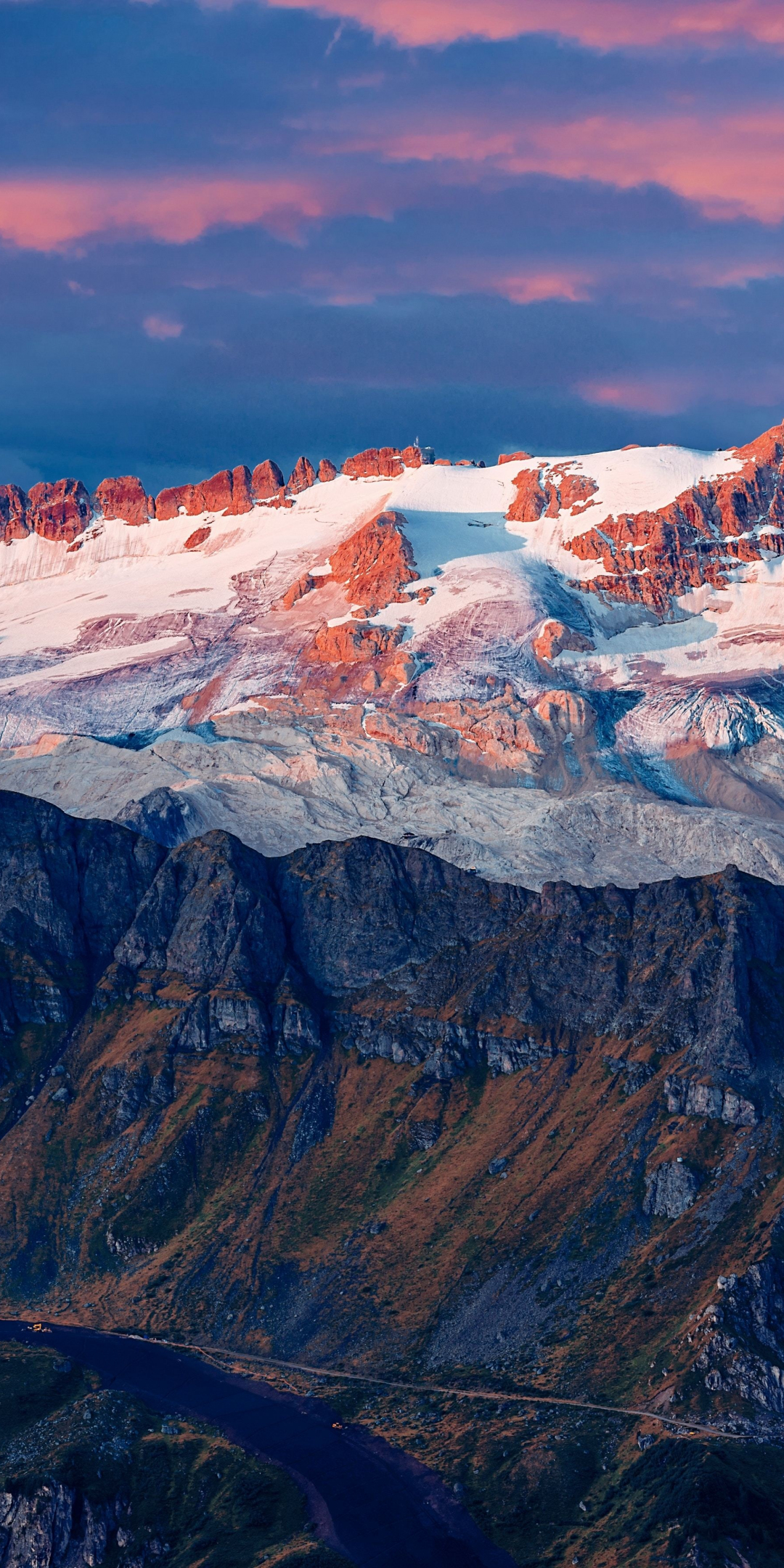 Mountains, sunset, Marmolada Glacier, golden peak, Italy, 1080x2160 wallpaper