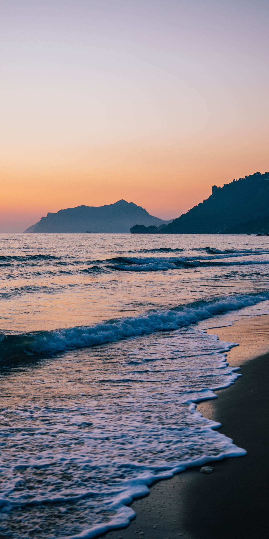 Gorfu, beach, dawn, Greece, sea waves, 1080x2160 wallpaper