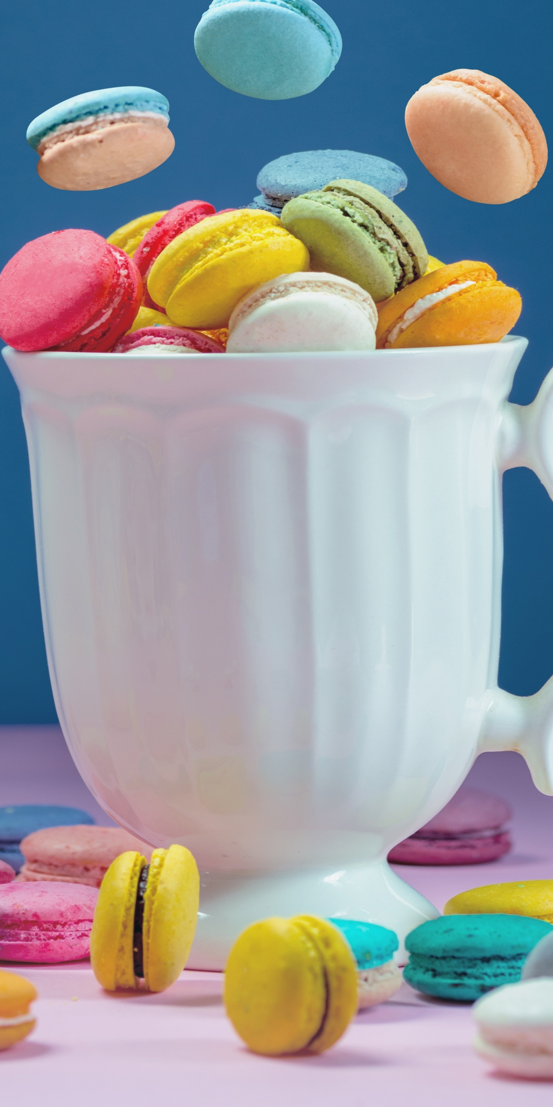 Sweets, colorful, macaron and cup, 1080x2160 wallpaper