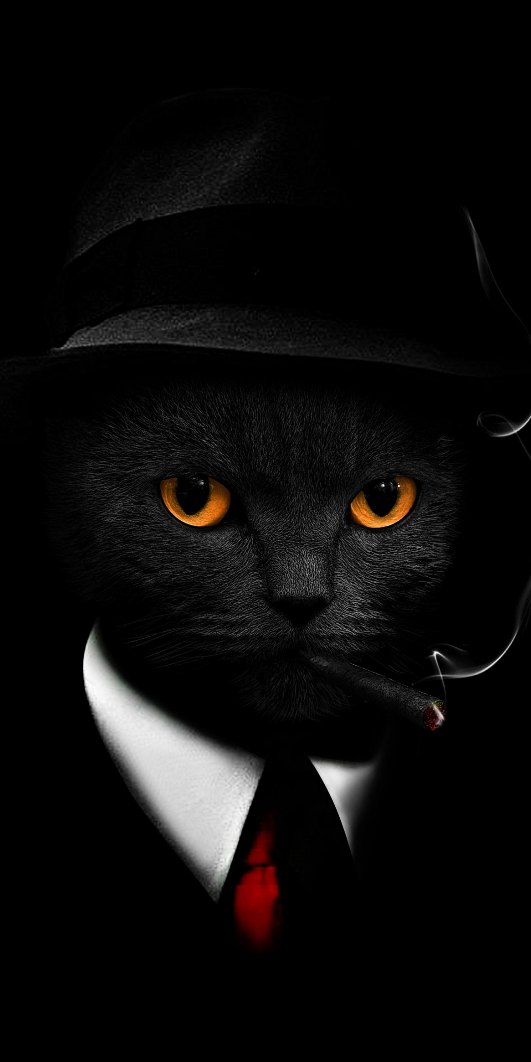 Black cat in suit, black hat & cigar, dark, 1080x2160 wallpaper