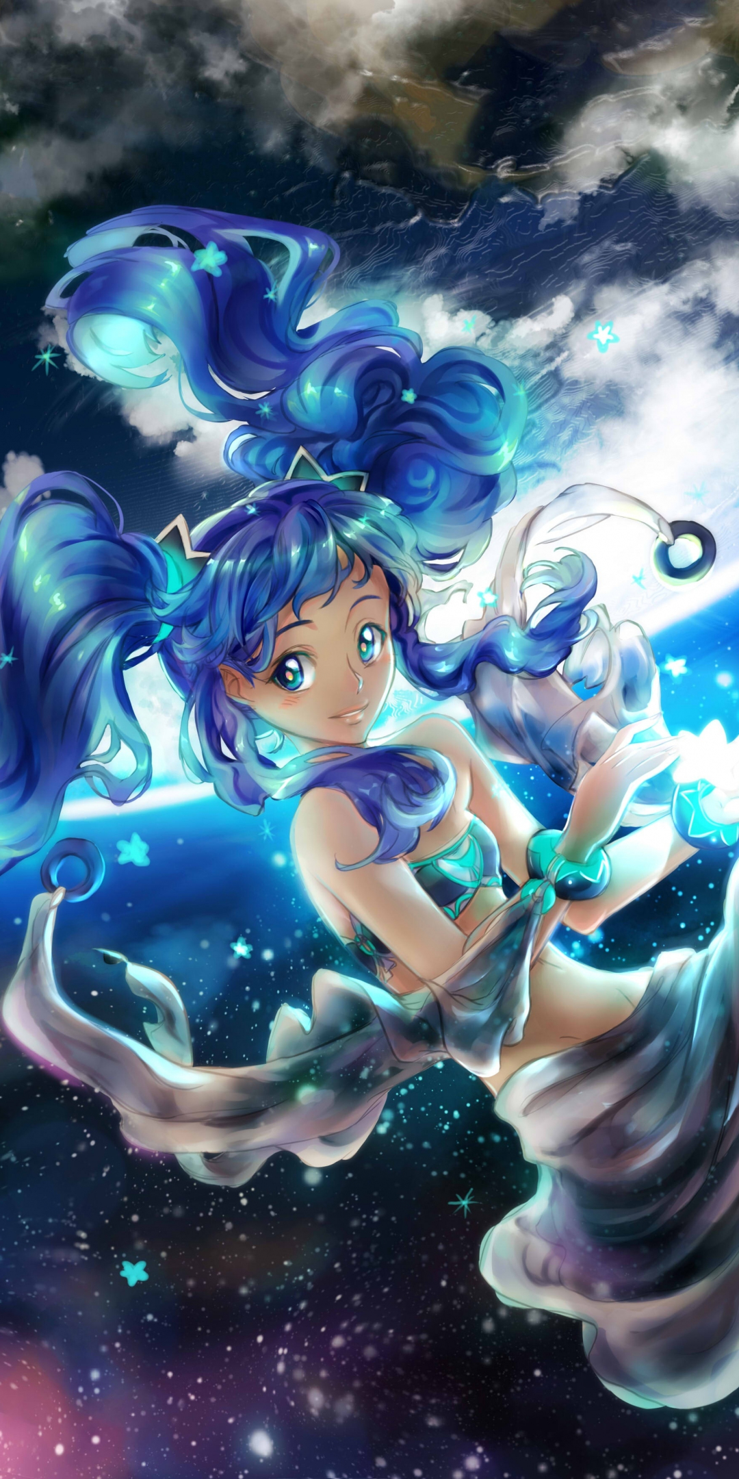 Moon light, blue hair, anime girl, dive, artwork, 1080x2160 wallpaper