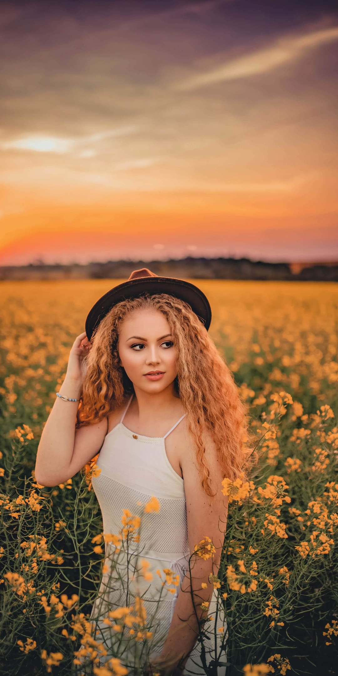 Meadow, pretty woman, curly hair, outdoor, 1080x2160 wallpaper