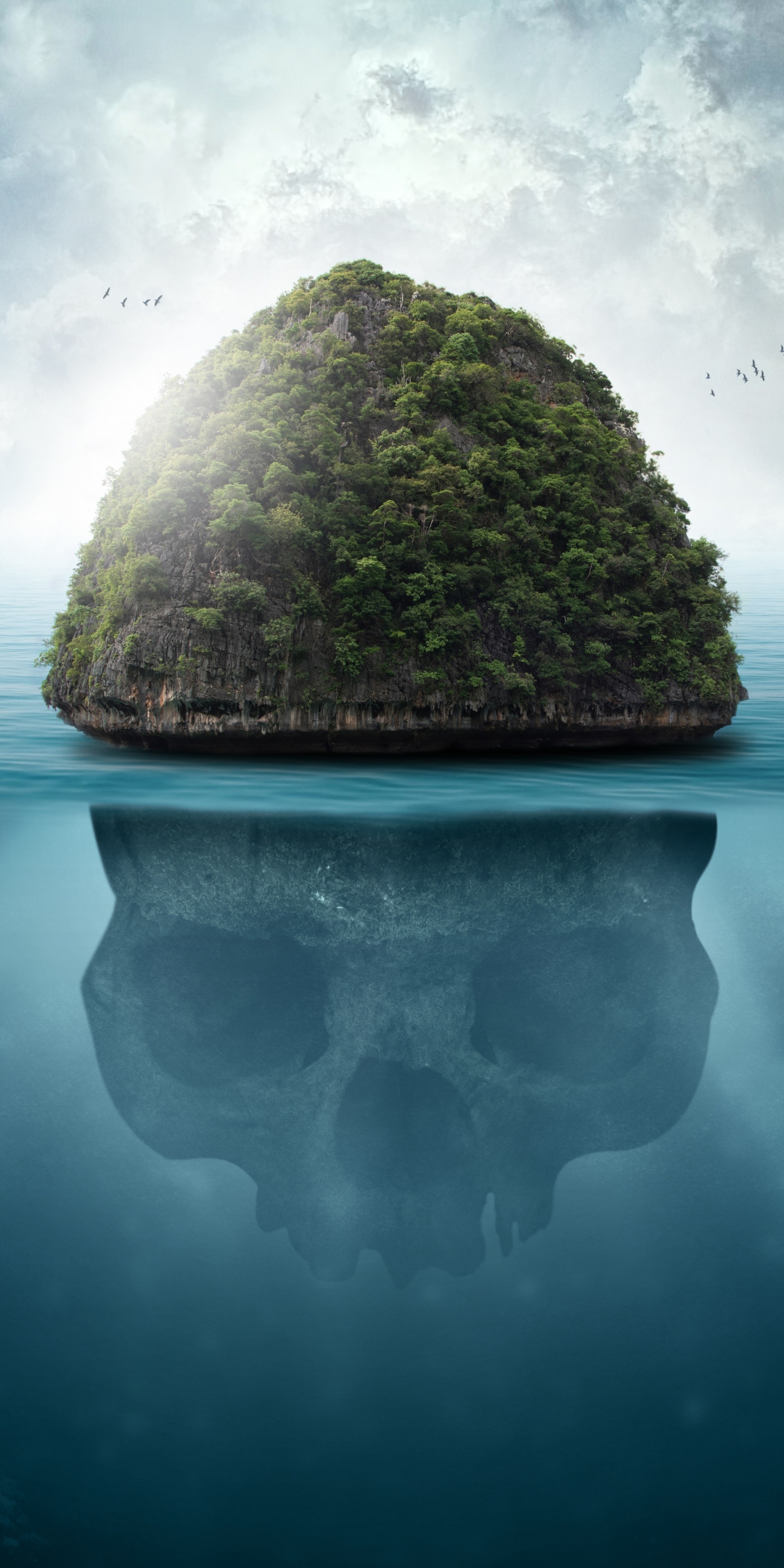 Sea, island, fantasy, skull, 1080x2160 wallpaper