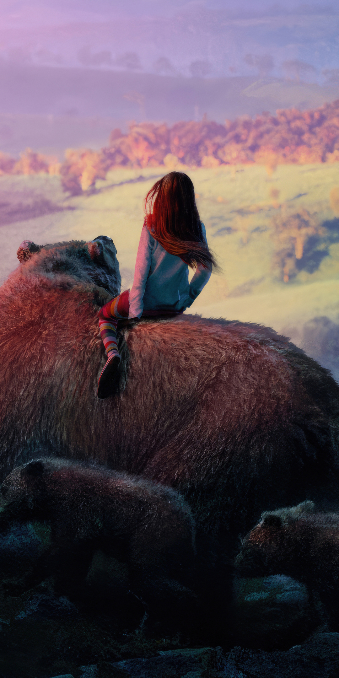The bear ride, girl and beasts, fantasy art, 1080x2160 wallpaper