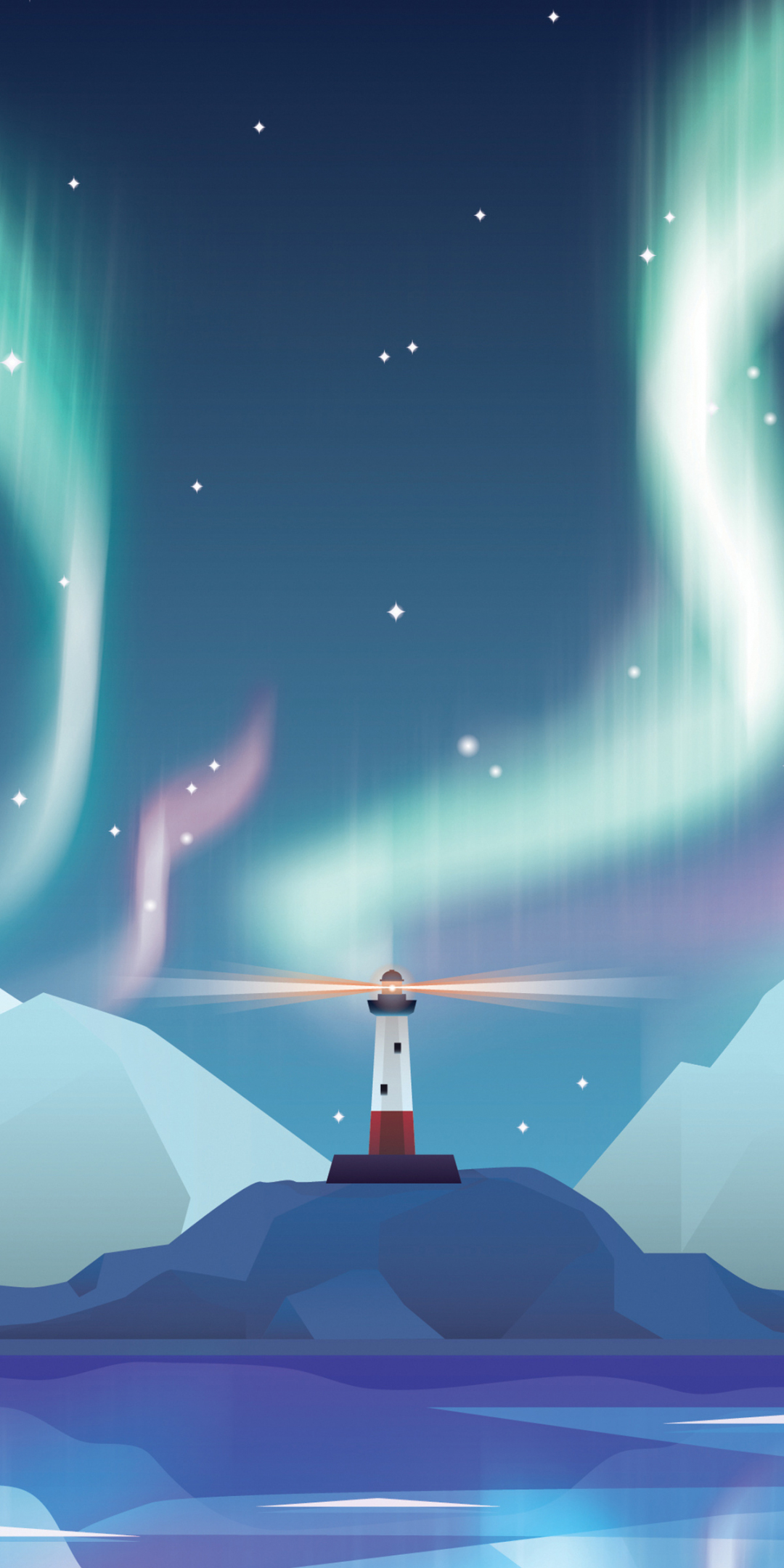 Nature, aurora, lighthouse, digital art, mountains, 1080x2160 wallpaper