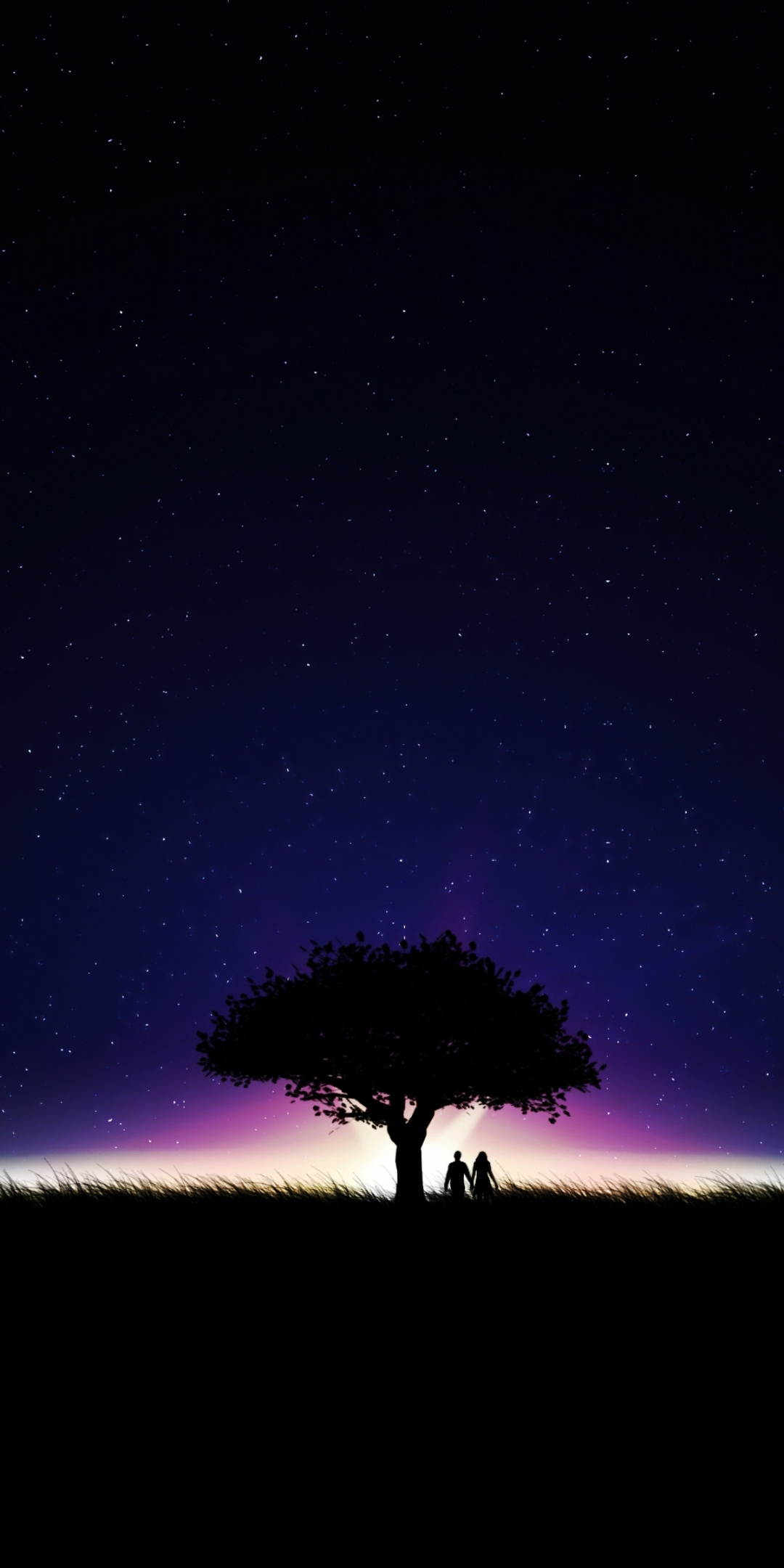 Couple, romantic nigth, lone tree and couple, silhouette, 1080x2160 wallpaper
