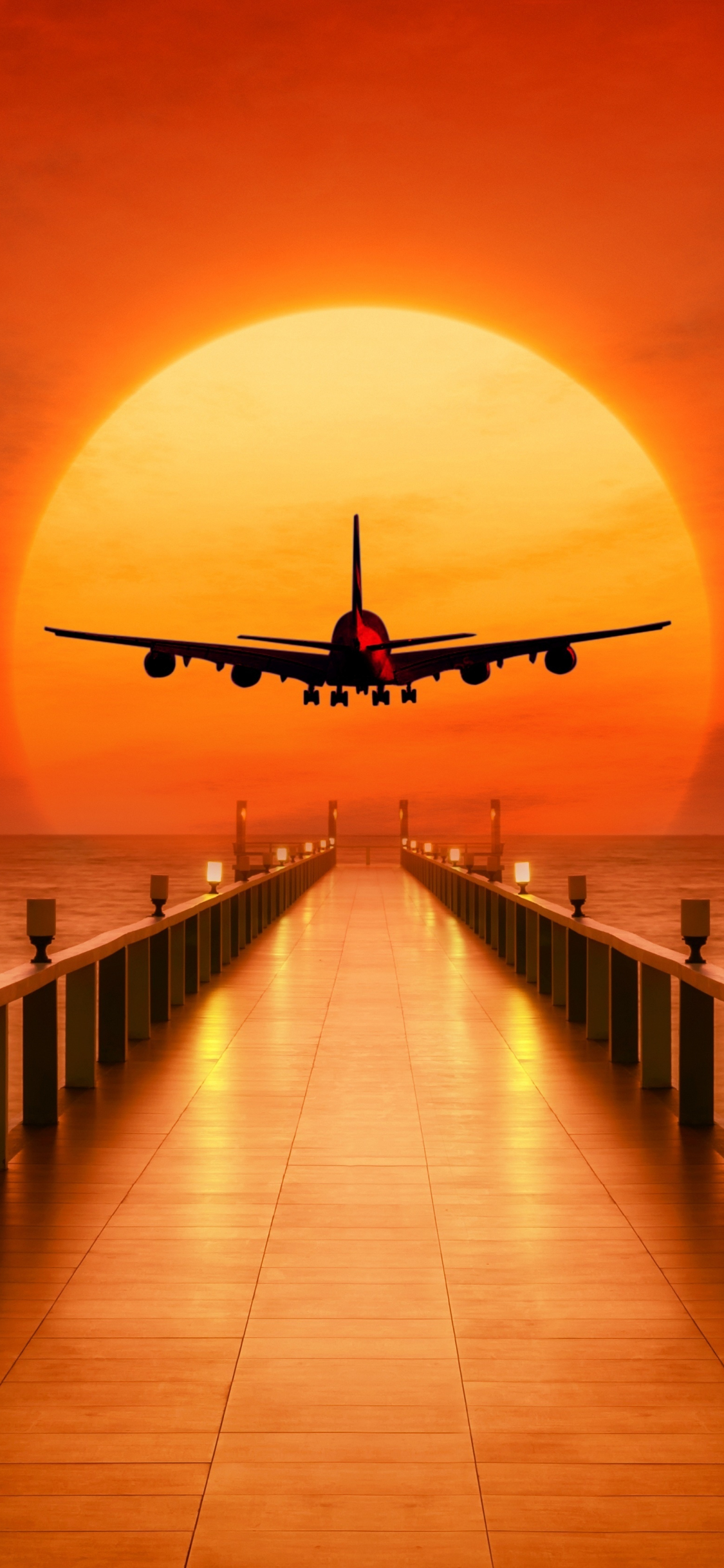 Download wallpaper 1125x2436 airplane, photoshop, pier, sunset, iphone x,  1125x2436 hd background, 4700